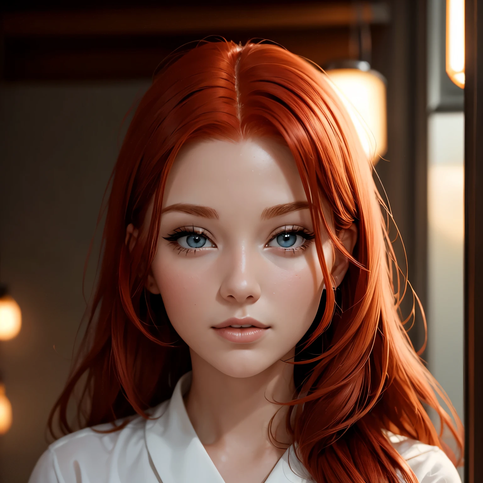 Head of a 28 year old redhead woman, meiga. White lighting on the face.