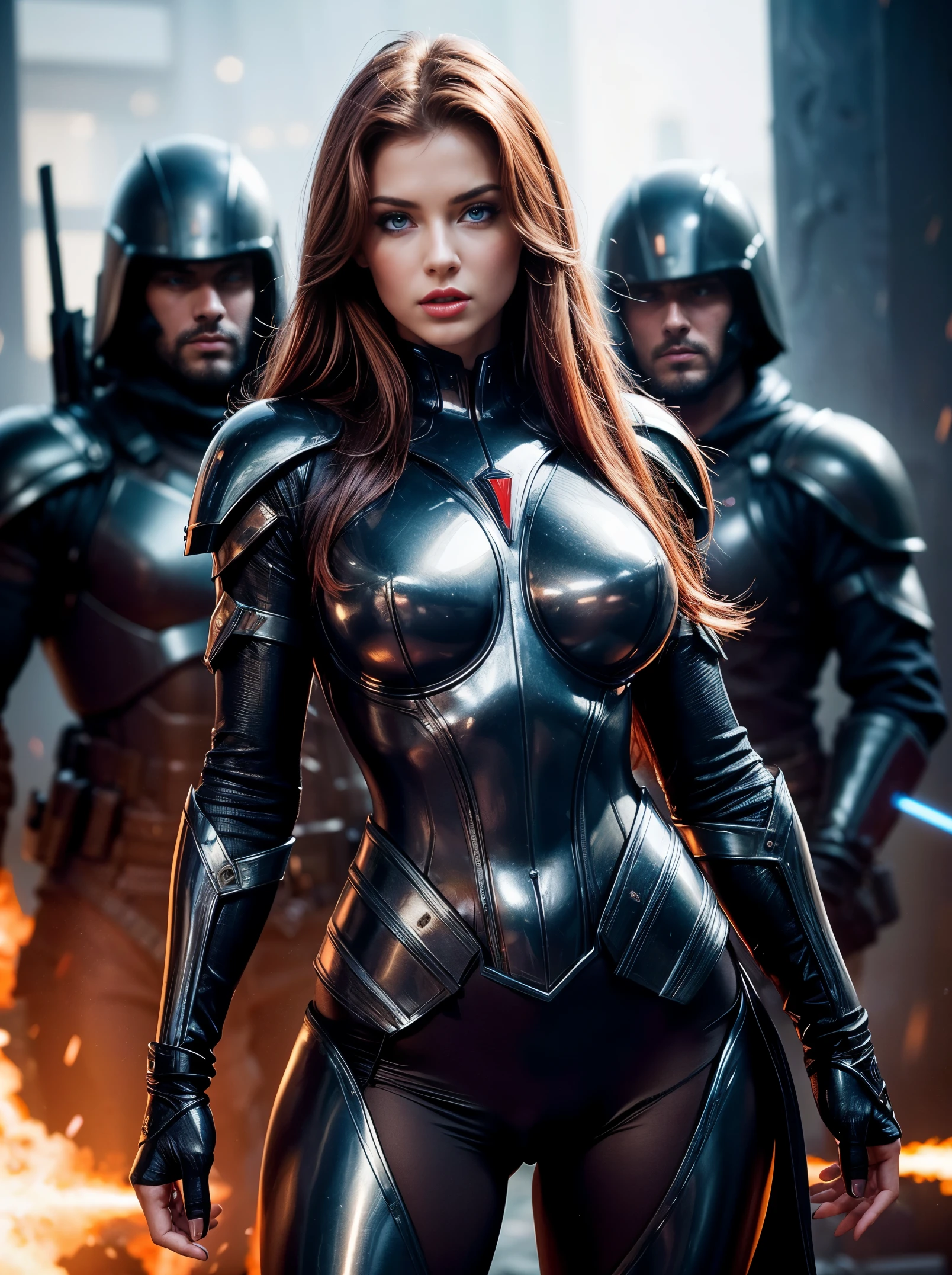 Masterpiece, action dynamic full body shot of an ultra hot gorgeous woman, age 23, she’s a playmate, men magazine model, in futuristic armor, light auburn hair, blue eyes, red lips, fearsome gaze, (amidst her army:1.2), bokeh