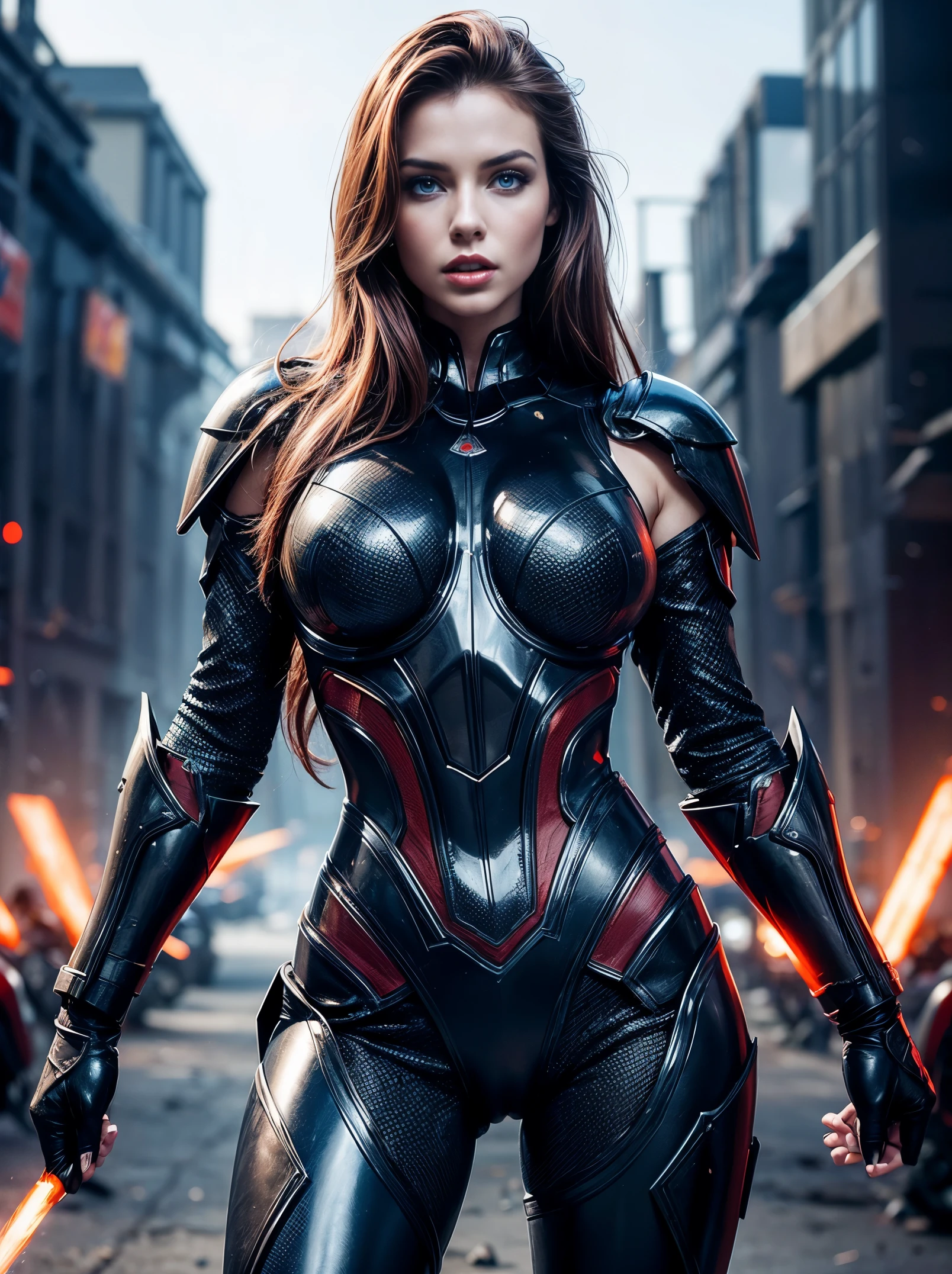 Masterpiece, action dynamic full body shot of an ultra hot gorgeous woman, age 23, she’s a playmate, men magazine model, in futuristic armor, light auburn hair, blue eyes, red lips, fearsome gaze, (amidst her army:1.2), bokeh