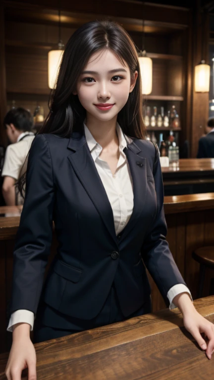 (highest quality、masterpiece:1.2)、highest quality、realistic、photograph、High resolution、1080P、8K、rough skin、physical rendering、1 Japanese women、、cute、young face、curled hair、(business suit:1.5)、Sit at the bar counter、full of embarrassment、smile、big