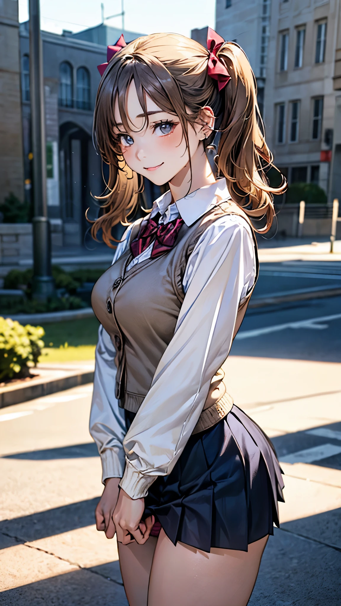 (masterpiece:1.2, top-quality), (realistic, photorealistic:1.4), beautiful illustration, (natural side lighting, movie lighting), nsfw,
looking at viewer, cowboy shot, front view:0.6, 1 girl, japanese, high school girl, perfect face, cute and symmetrical face, shiny skin,
(long hair:1.8, twintails:1.7, blond hair), parted bangs, gold eyes, long eye lasher, (large breasts:0.8, thick thighs),
beautiful hair, beautiful face, beautiful detailed eyes, beautiful clavicle, beautiful body, beautiful chest, beautiful thigh, beautiful legs, beautiful fingers,
((((long sleeve)), roll up sleeves, white collared shirts, navy pleated mini skirt, black socks, brown loafers, red bow tie, beige sleeveless knitted vest)), pink panties,
(beautiful scenery), evening, riverside, standing, (lovely smile, upper eyes),