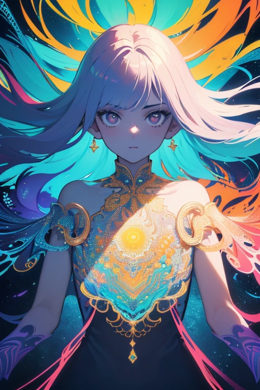 (masterpiece, best quality:1.2),(concept art、fractal art:1.5) ,(flat color:1.2),(2D:1.3),(fluorescence colour:1.5,colorful:1.2),fluorescence multicolored hair、looking at viewer,1Goddess,beautiful face,Gentle face,solo,upper body,floating colorful fluorescent lines,vivid color、fractal art、Symmetrical、
Mysterious atmosphere、Dark world