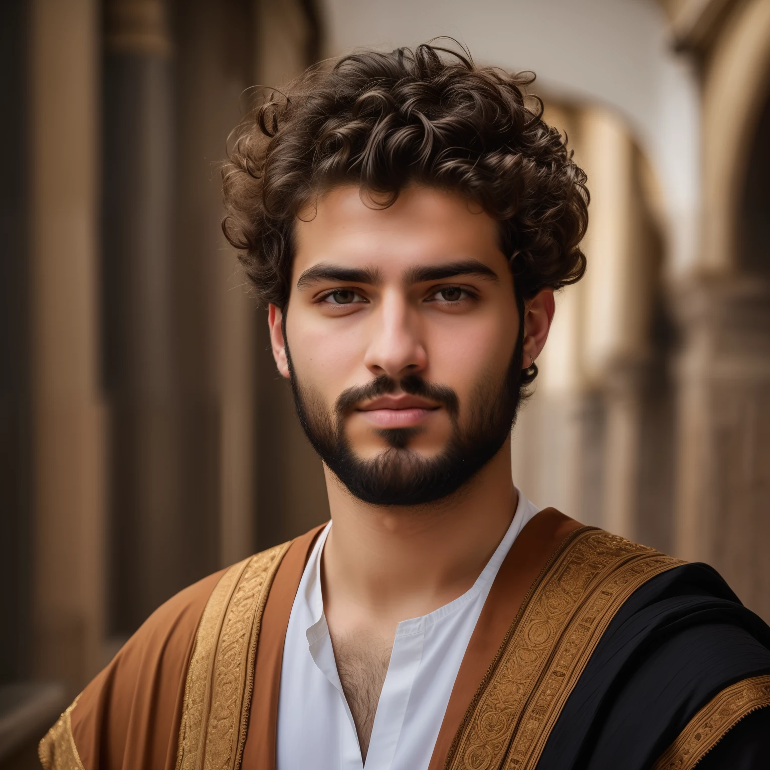 arafed man with a beard and a brown robe standing in a hallway, portrait of a young italian male, handsome man, young greek man, handsome male, in a renaissance style, in a high renaissance style, realistic renaissance portrait, ancient rome man, beautiful young man, attractive man, renaissance portrait, fantasy male portrait, inspired by Frederick Lord Leighton 25 years old.clothes suitable for today