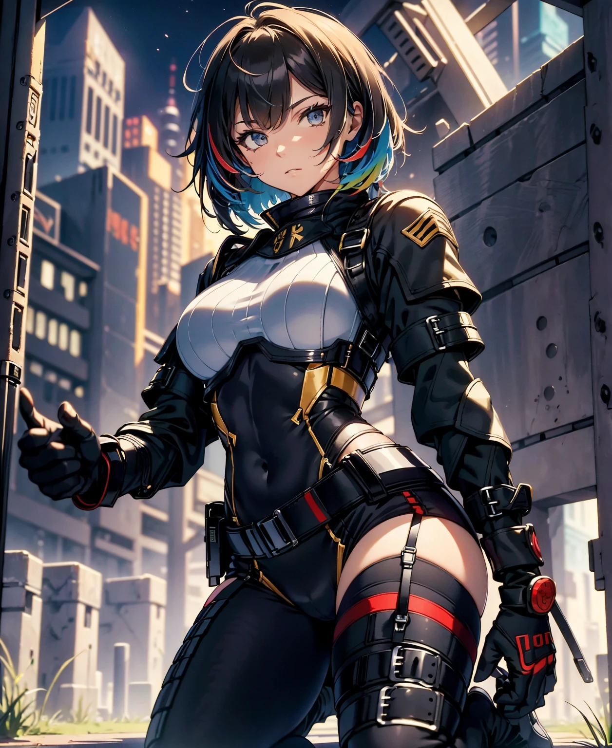 best quality，T Masterpiece，ultimate resolution，fluff，very colorful，colorful，female combatant，（kneeling pose）（pointing at you with his butt）mature woman，Black Super Short Hair，tight combat uniform，tight suit，Steel City Background，night，normal posture，normal posture