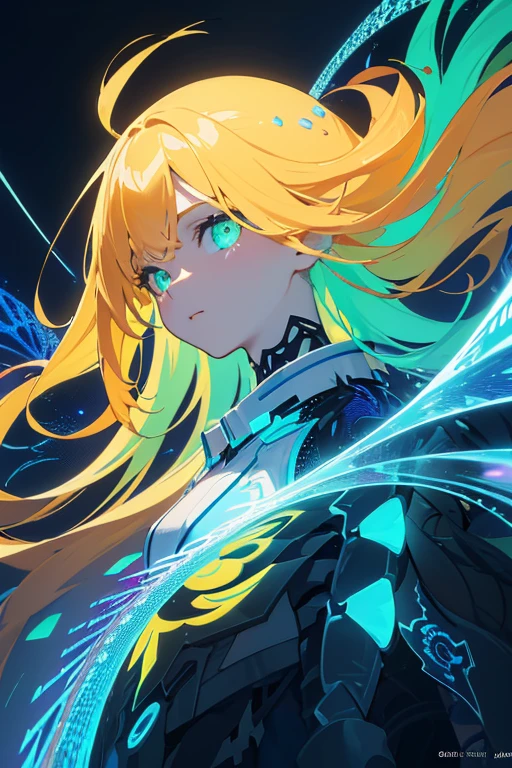 (masterpiece, best quality:1.2),(concept art、fractal art:1.5) ,(flat color:1.2),(2D:1.3),(fluorescence colour:1.5,colorful:1.2),fluorescence multicolored hair、looking at viewer,1Goddess,beautiful face,Gentle face,solo,upper body,floating colorful fluorescent lines,vivid color、fractal art、Symmetrical、
Mysterious atmosphere、Dark world