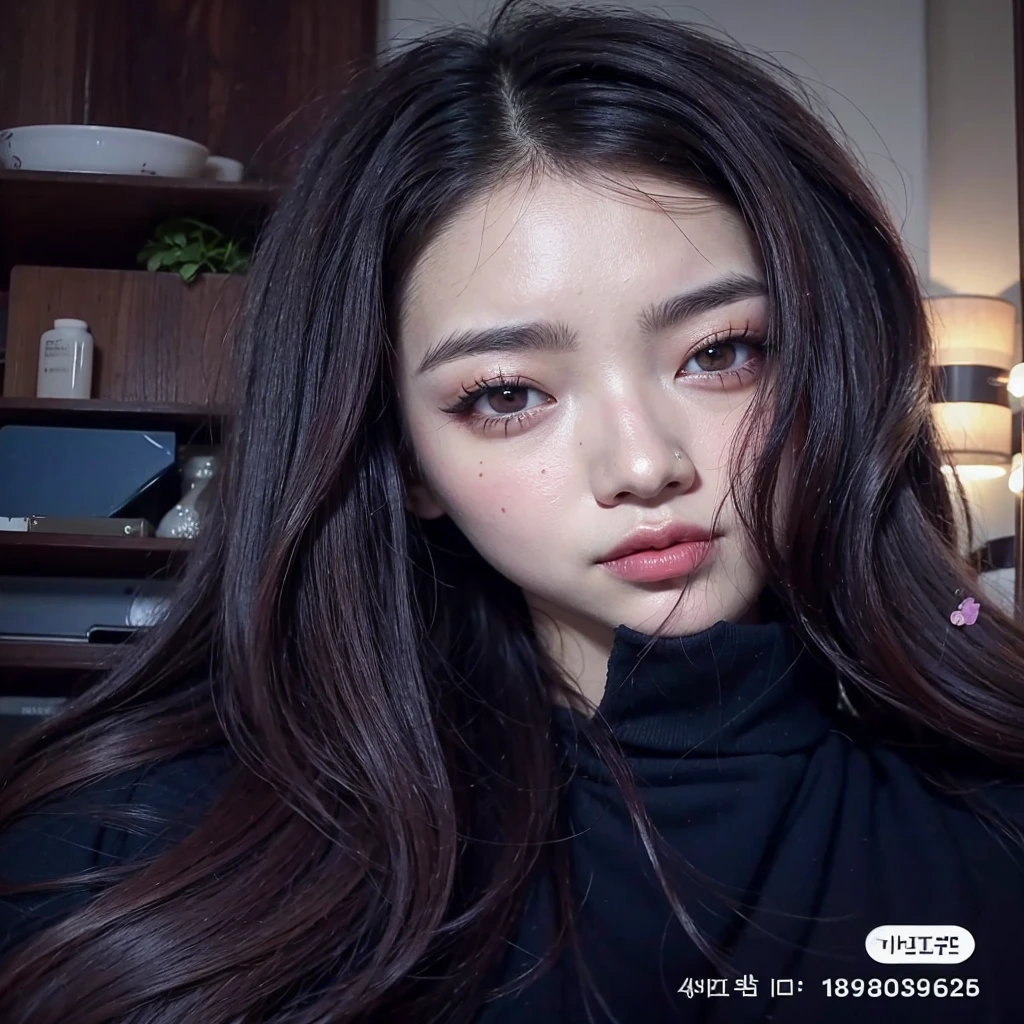 a close up of a woman with long hair and a black shirt, ulzzang, popular south korean makeup, wan adorable korean face, young adorable korean face, popular korean makeup, beautiful aesthetic face, korean girl, soft portrait shot 8 k, korean face features, pale round face, 8k selfie photograph, beautiful south korean woman, gorgeous young korean woman , iu, blackpink rose
