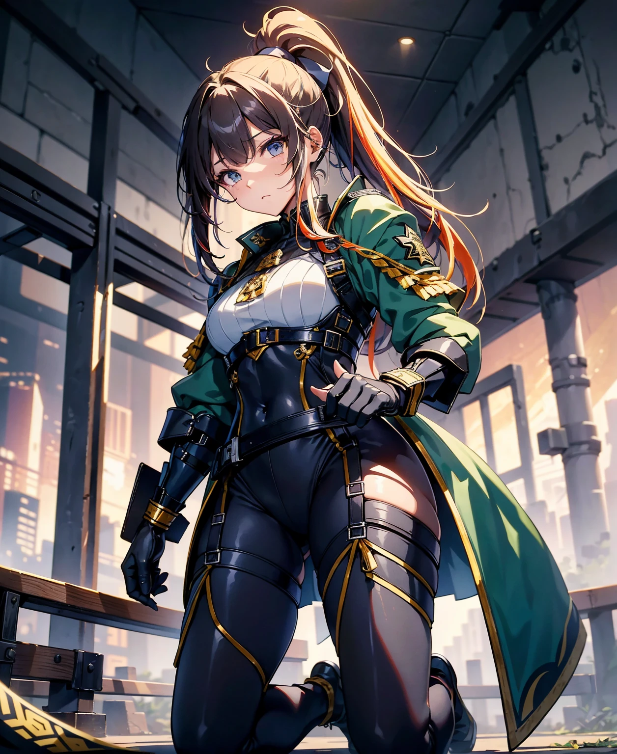 highest quality，T Masterpiece，final solution，Fluffy，非常にcolorful，colorful，female combatant，（kneeling pose）（pointing at your ass）mature woman，dark blue high knot ponytail、tight combat uniform，tight suit，steel city background，night，normal posture，normal posture