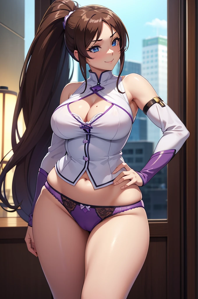 one Rebecca wearing purple panties, long brown hair, hair in a ponytail, blue eyes, sexy hourglass figure, seductive smile, [ 4 k digital art ]!!, seductive anime girl, deviantart artstation cgscosiety, trending on cgstation, 8k high quality detailed art, photorealistic anime girl render, kawaii hq render, commission for high res, thicc