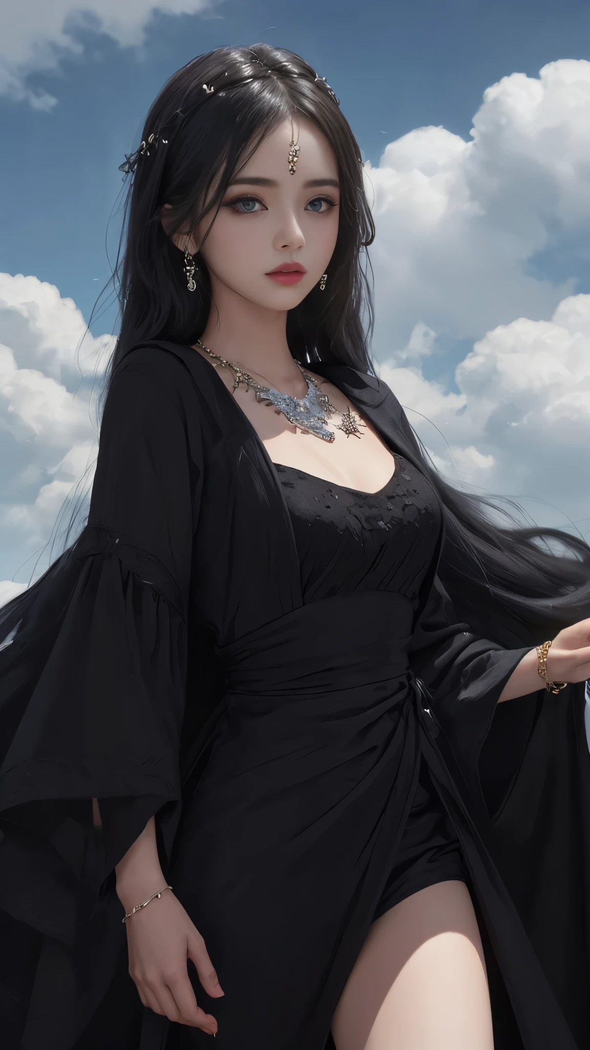 8K, Ultra HD, HD Color, masterpiece, 1 girl, Luminous Eyes, detailed lips, ultra long hair, (robe black dress:1.5), (jewellery:1.5), Super artistic cloudy sky background, dark shadow, front body capture,