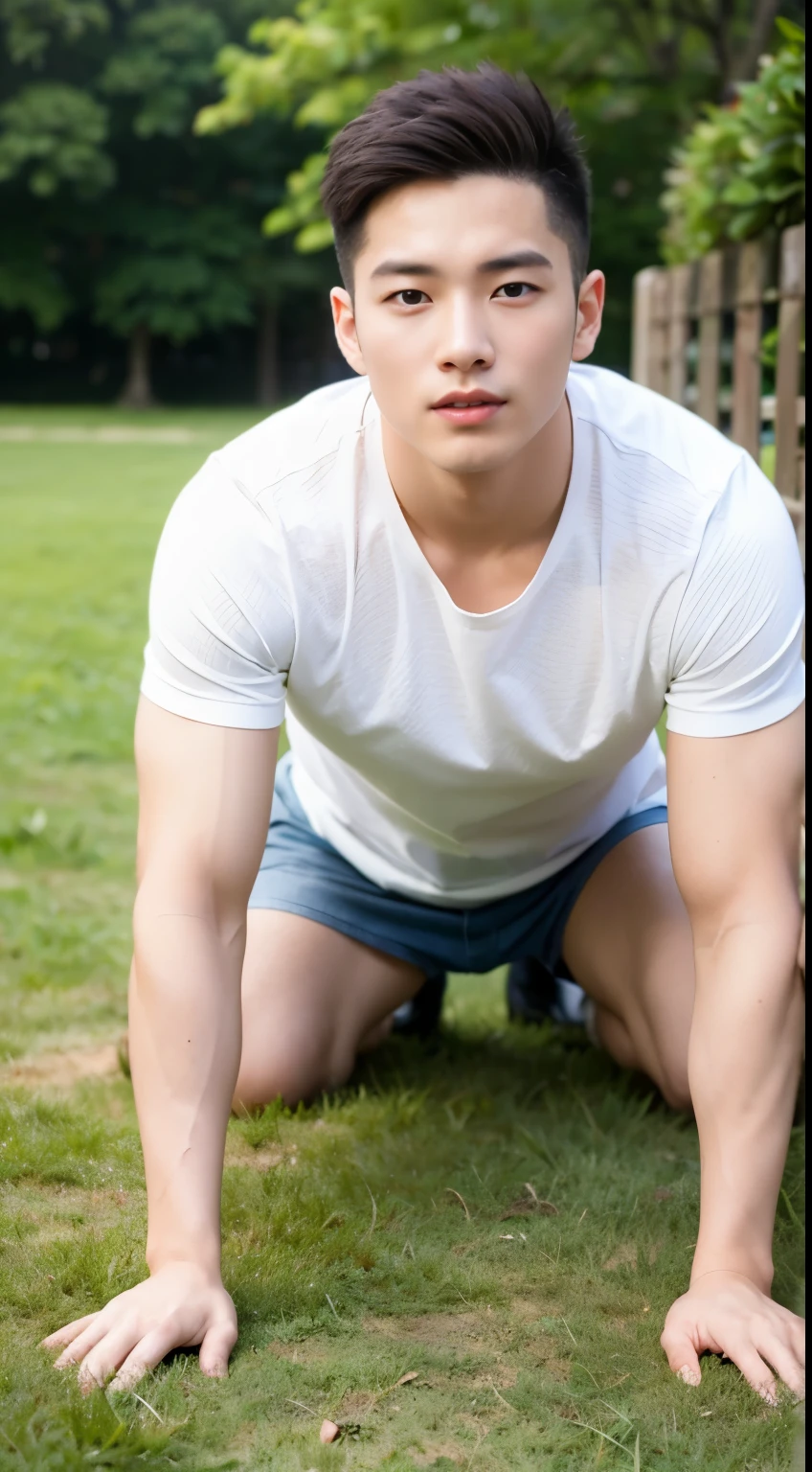 Two handsome Chinese muscle boys, 15-18 years old, delicate facial features, eye repair, perfect eyes, perfect face, face repair, virtual engine, HD repair, fair skin, wearing golden underwear, on the grass outdoors, (((full body portrait))), bright light, studio lighting, 8k, high resolution, HD HD, surreal, ∨ 5
