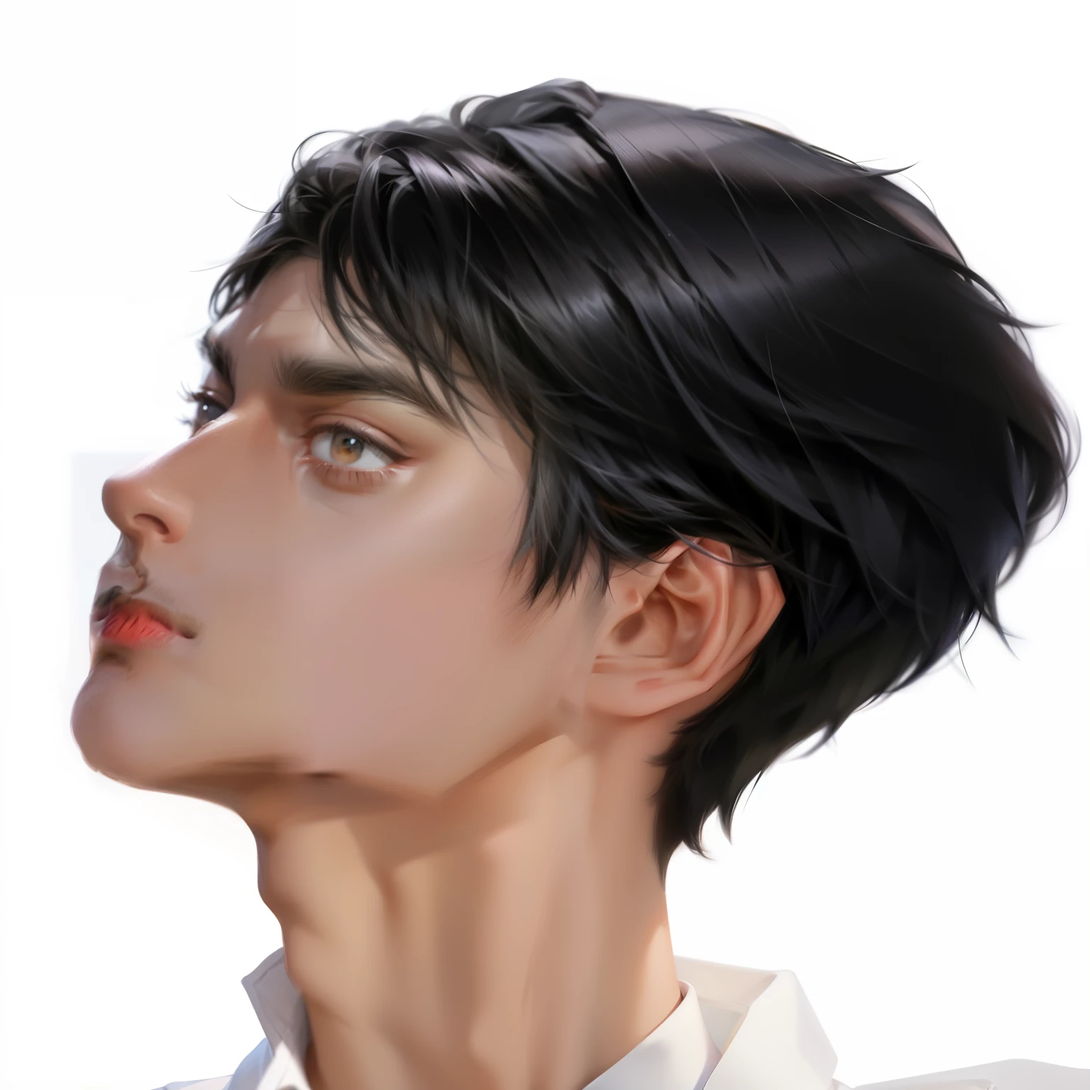 Drawing of a man with black hair and a white shirt., Vertical side profile, vertical center side profile, profile poses, The head has realistic proportions., A face with realistic proportions, Half-body picture, head tilted slightly, Look up, Draw digitally on a Wacom tablet, His left hand cradles his head., Half-body picture