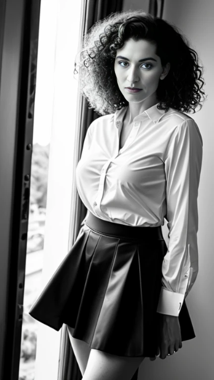 woman with curly hair wearing a skirt and blouse with detailliert seductive alluring eyes in a modern bedroom, Masterpiece of the best quality, fotorealistisch, detailliert, 8 TAUSEND, HDR, shallow depth of field, breites Licht, Hoher Kontrast, Hintergrundbeleuchtung, bloom, Licht funkelt, chromatische Abweichung, scharfer Fokus, RAW-Farbfoto