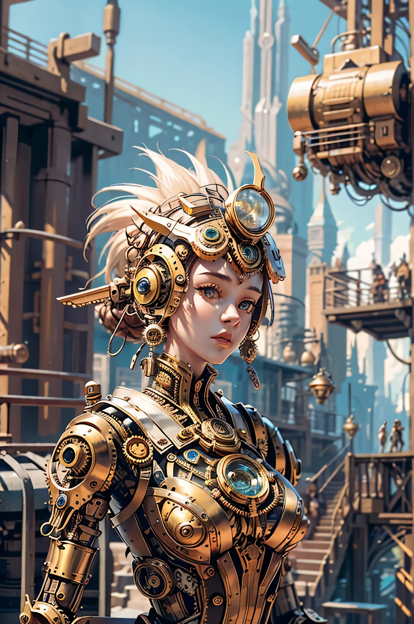 meccog, panoramic, whole body, best quality, masterpiece, ultra high resolution, (lifelike:1.4), ridiculous,Cinema lighting, (Best Long Lens Photos of Mechanical Girl),(allow_amberheard:0.9), Very detailed face, Fantasy sci-fi creatures, Surrealism, Steampunk, complex design, Very detailed, Exquisite details,