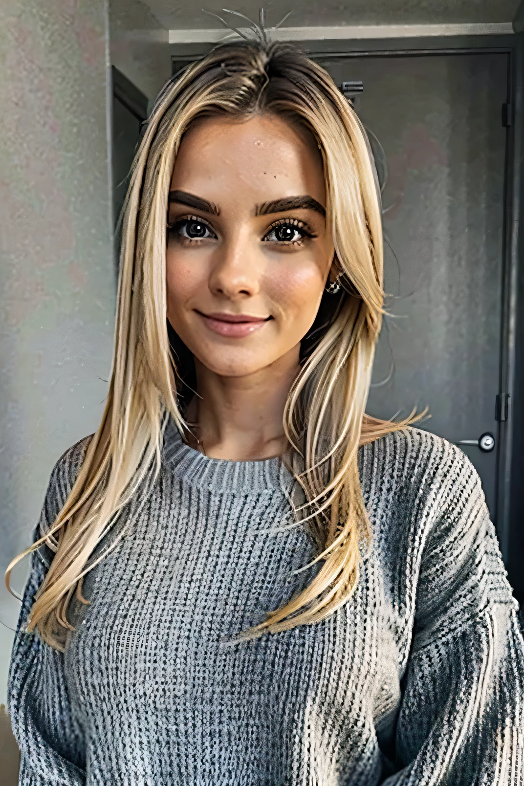 Nice blonde girl , Nice, ultrarealistisch, Mittleres Haar, blondes Haar, Good quality, grauer Pullover, detaillierte Haut, Meisterwerk, Selfie