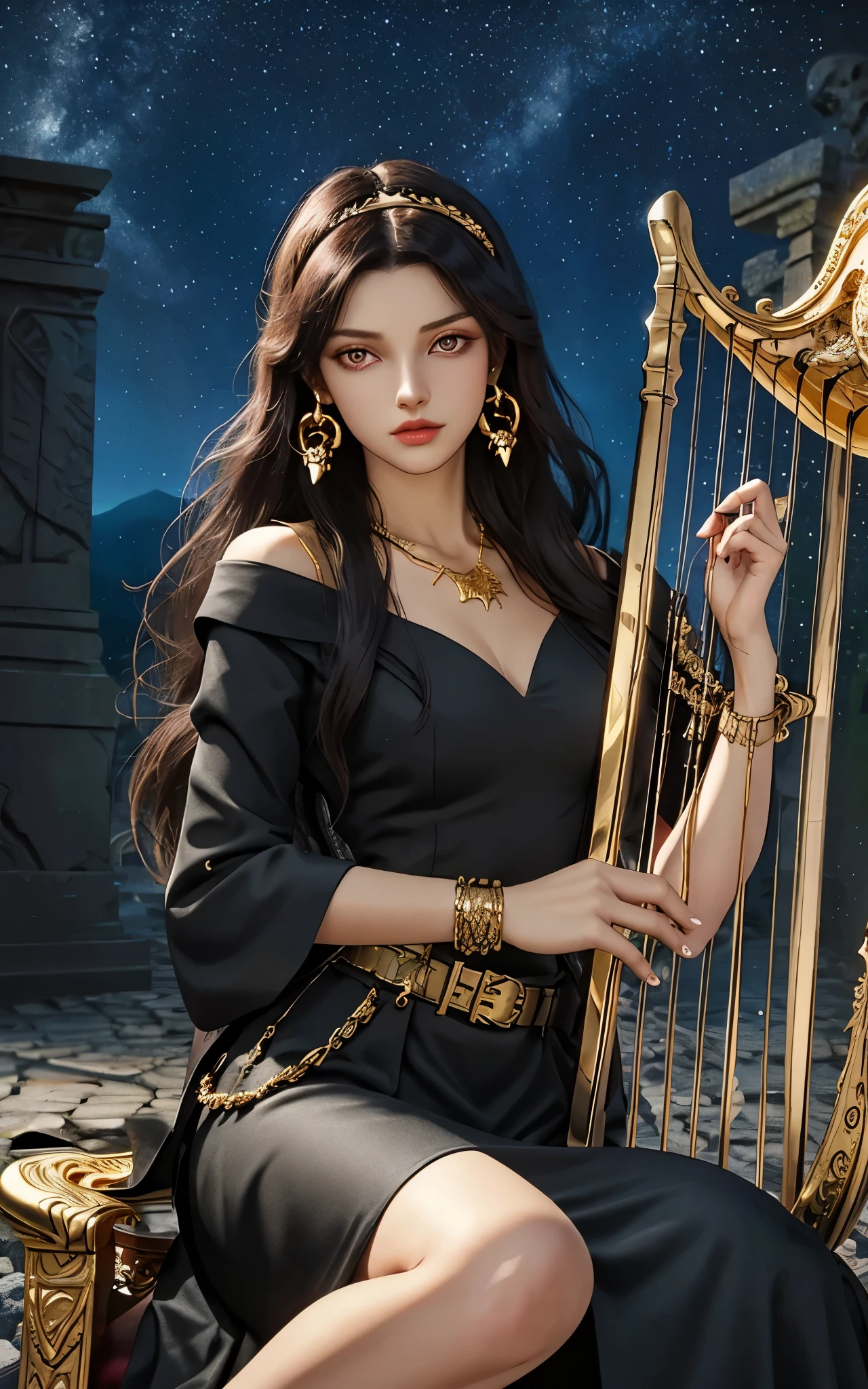 1 girl, solo, details, masterpiece, best quality, photorealistic realism, beautiful girl, long hair, black hair, skull headband, gold earrings, red eyes, beautiful face, skull necklace, perfect body, large breast, open chest, black long dress, skull bracelet, gold earrings, gold belt, musical instrument, harp, sit on ancient chair, dark sky, dark temple,
