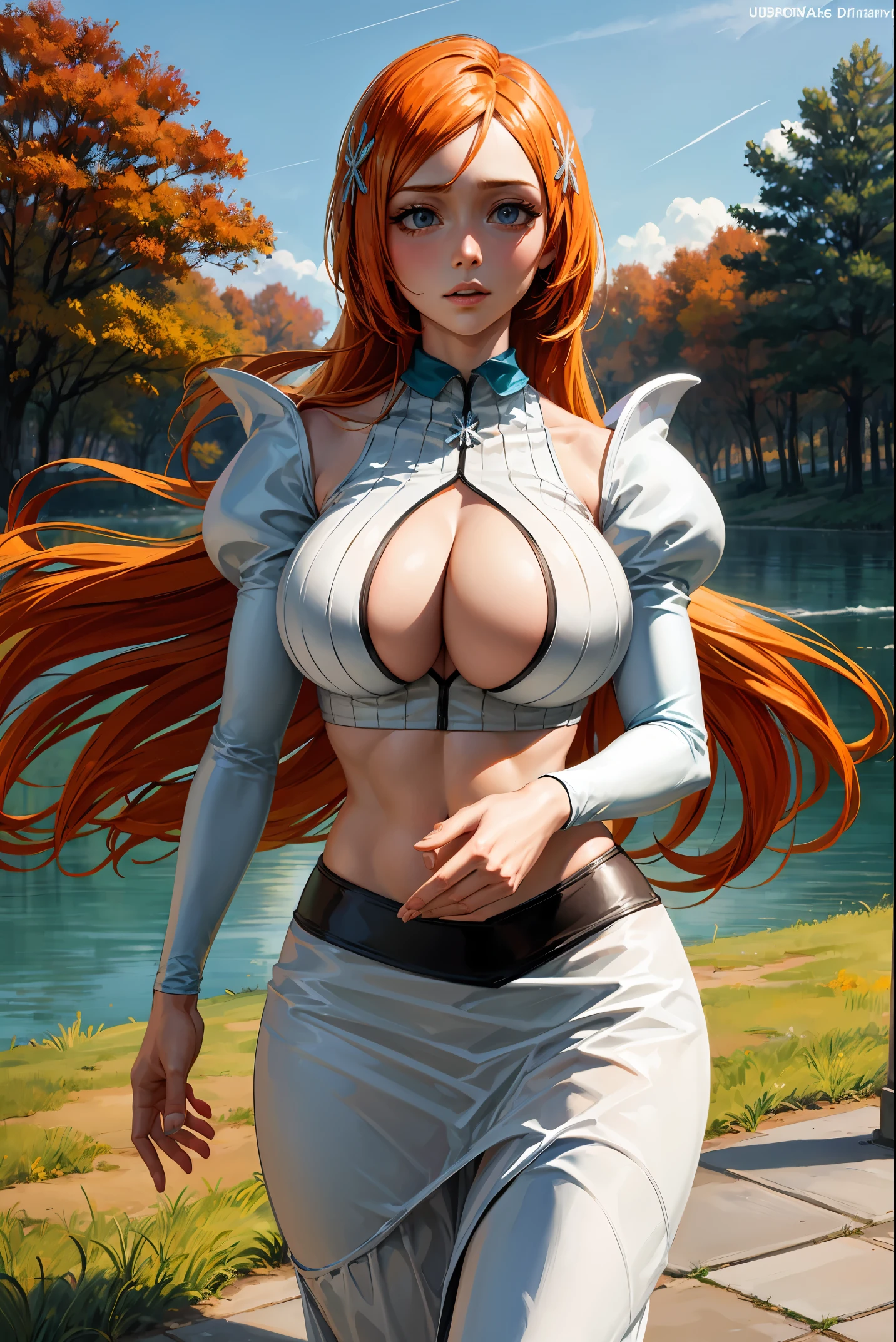 masterpiece, best quality, expressive eyes, perfect face, (cowboy shot), front view, blue eyes, orange hair, long hair, forest, fall, lake, sky, orihimedef, hair ornament, center opening, white dress, skirt, orihimedress, long sleeves, navel, midriff, detached sleeves