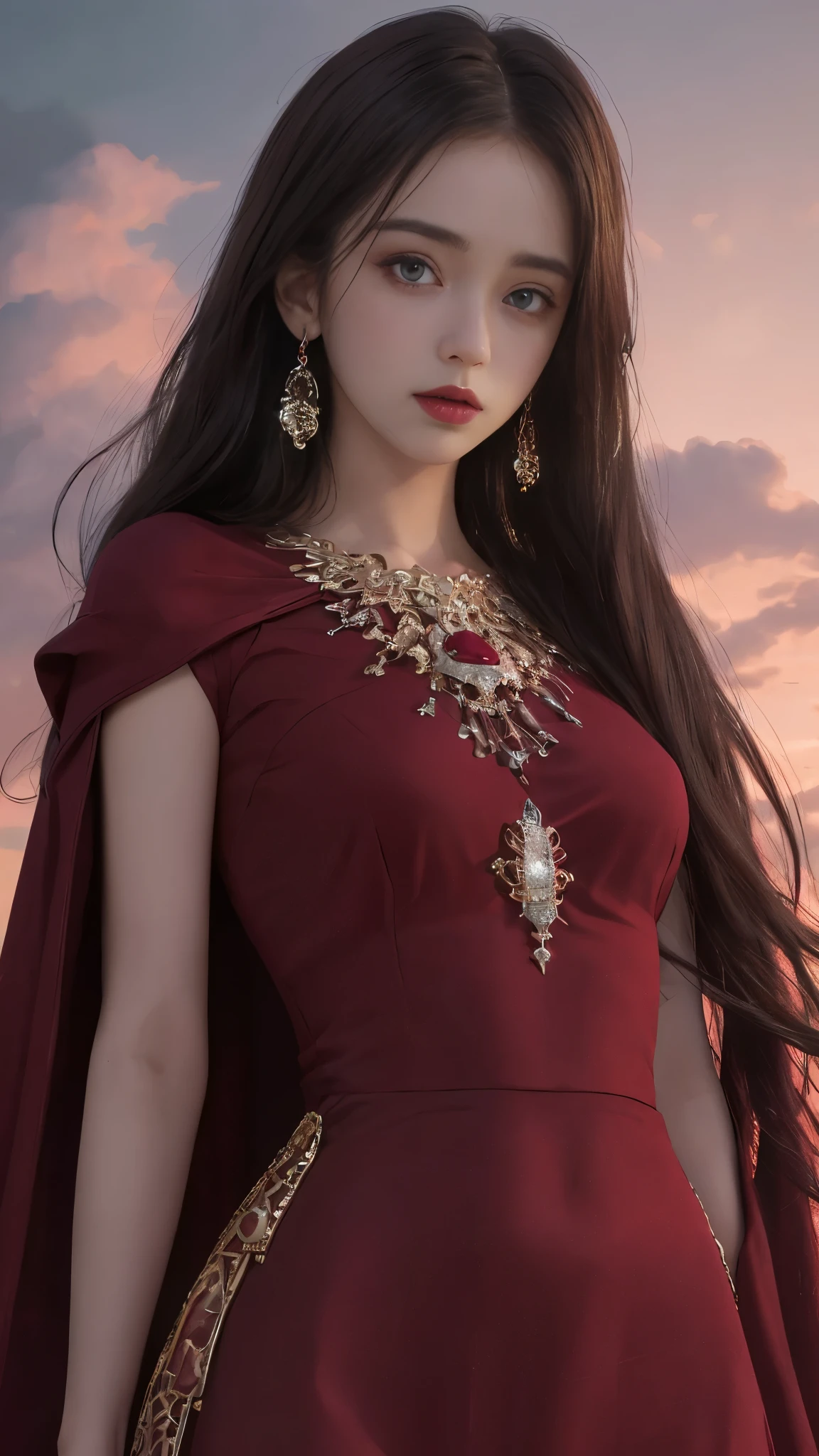 8K, Ultra HD, HD Color, ​masterpiece, 1 girl, Luminous Eyes, detailed lips, ultra long hair, (rob maroon dress:1.5), (jewellery:1.5), Super artistic cloudy sky background, dark shadow, front body capture,