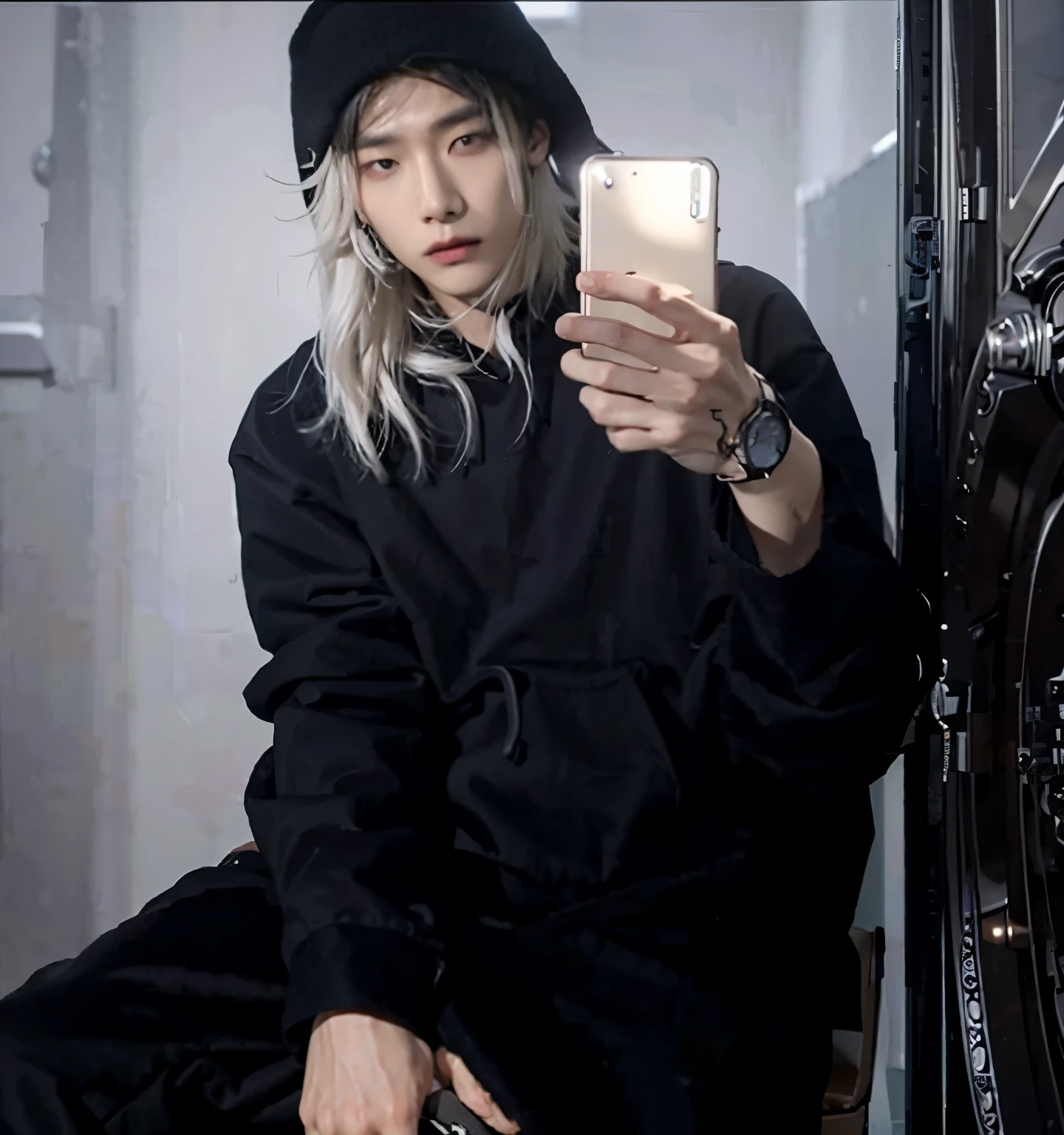 there is a man that is sitting down with a cell phone, Shinji, Marcos Lee, hyung tae, Kim Doyoung, inspirado em jeonseok lee, Hong junho hyung, adorable and pale korean face, taejune kim, lindo chad queixo, inspirado em Kim Myeong-guk, Shin Jeongho, Jimin\the right eyelid is swollenKim taehyung, rosto grande, 30 anos, barba pequena, bravo, chateado, bravo, Toji fushiguro, jujutsu