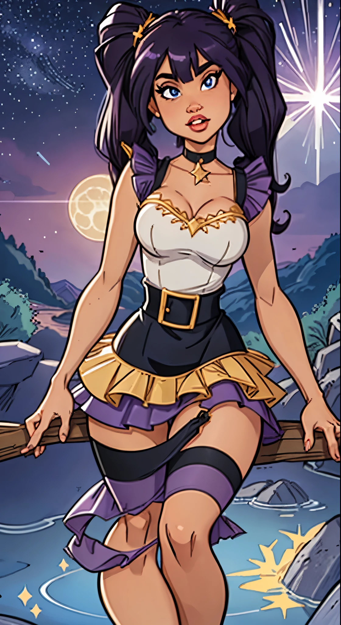 girl, located in the corner, looking at the sky, solo, Mona (Genshin Impact), choker, hair between eyes, star (symbol), long hair, dark purple hair, twintails, blue eyes, shining eyes, jewelry, witch, maid, bangs, purple black dress, purple skirt, white apron, landscape, night sky, star (sky), starry sky, night, outdoor, clouds, reflection, water, magic, tarot, water magic, ((beautiful golden crystal star)),  space, water droplets, splash