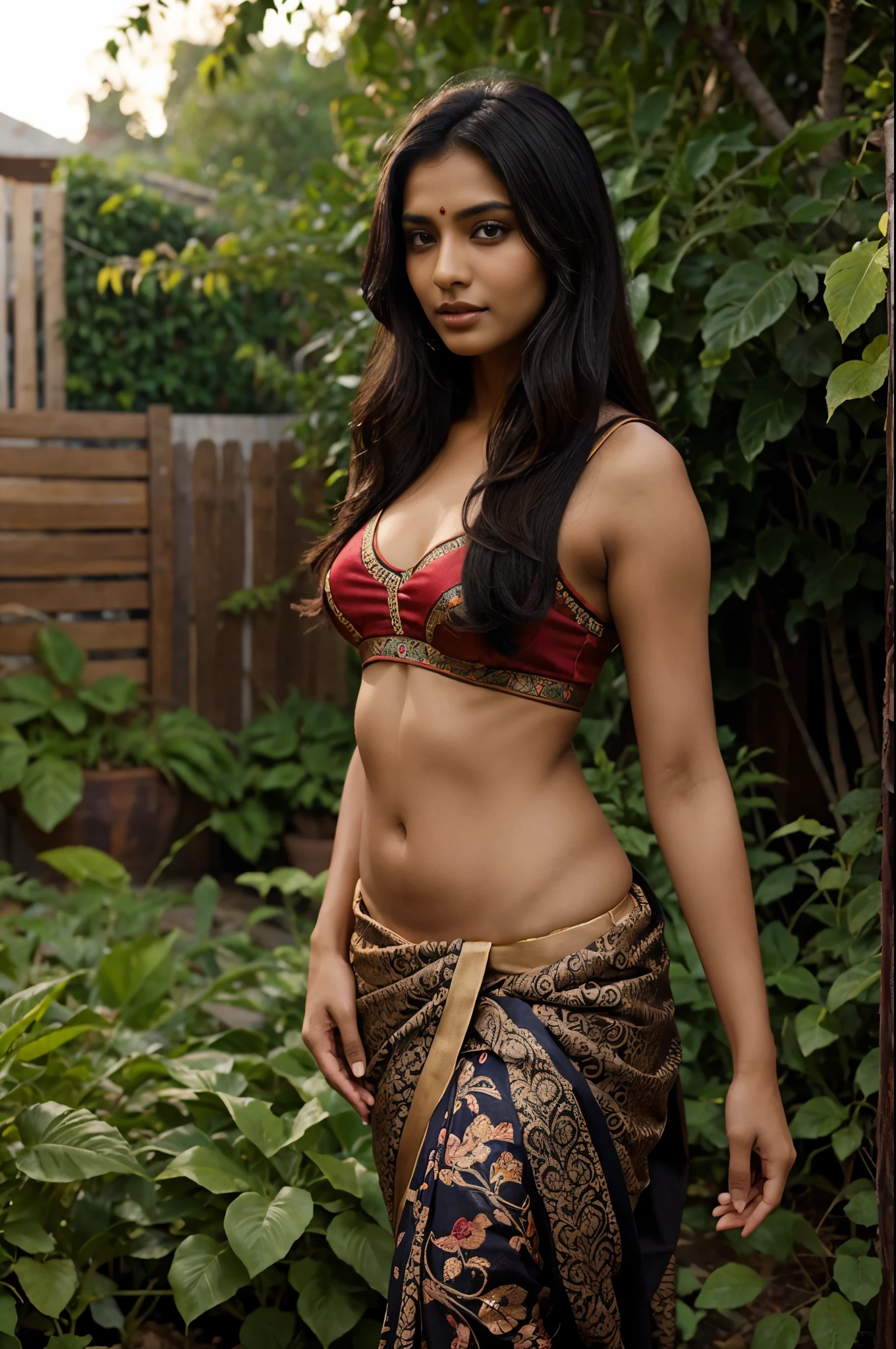 a beautiful Indian model, wearing traditional Indian saree, posing in her garden, athlete body, brown eyes, black hairs, Indian skin tone, realistic skin texture