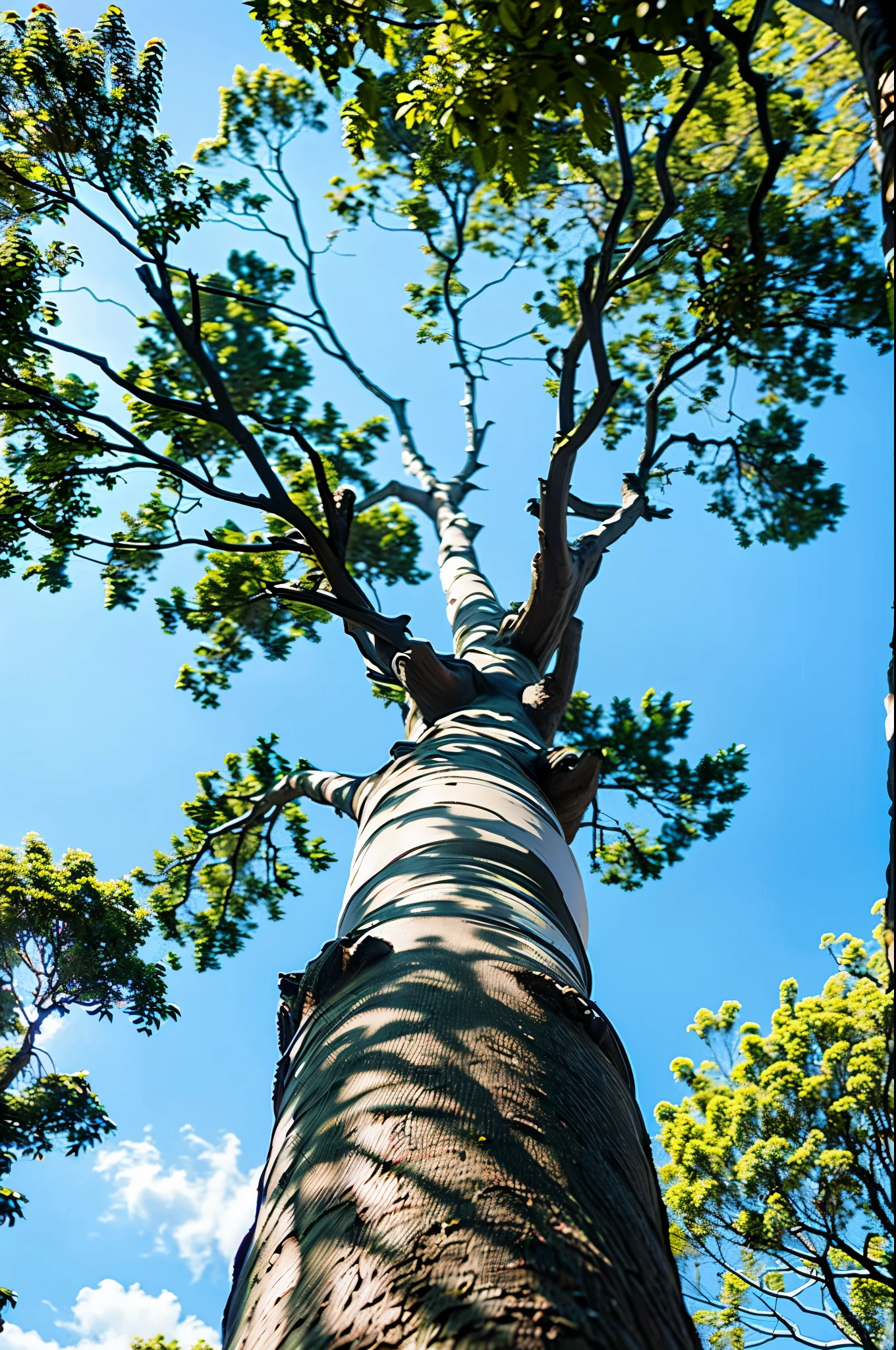 A tree with branches reaching towards the sky, creating a picturesque view. The sky is a vibrant blue, with fluffy white clouds scattered across. The foreground is slightly blurry, adding depth to the image. The focus is on the tree branches, which are intricate and detailed. The leaves on the tree are green and lush. The composition is from a low angle, looking up towards the sky. The overall atmosphere is serene and peaceful, capturing the beauty of a sunny day. The image has a depth of field effect, with the foreground and background appearing slightly blurry while the tree branches remain in sharp focus.