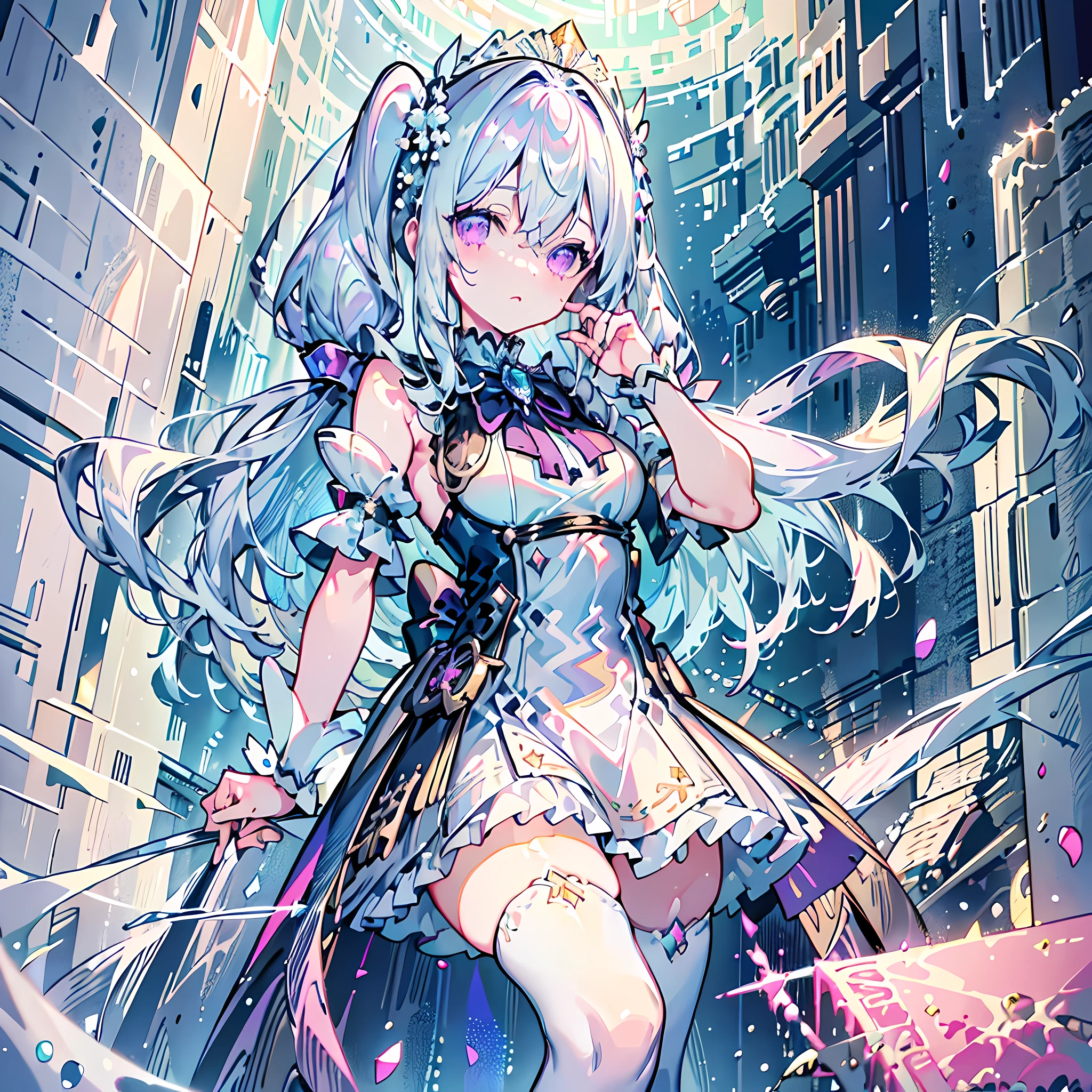 masterpiece, best quality, 1 girl, alone, voxel art,
nuclear power plant, white girls,
Ivory hair, lilac eyes, depressed,
Ridiculously long hair, Low double ponytail,
Cake dress, Slim dress,
ribbon, Botanical hair accessories , pearl, arm cuffs,
Classic, middle Ages, noble