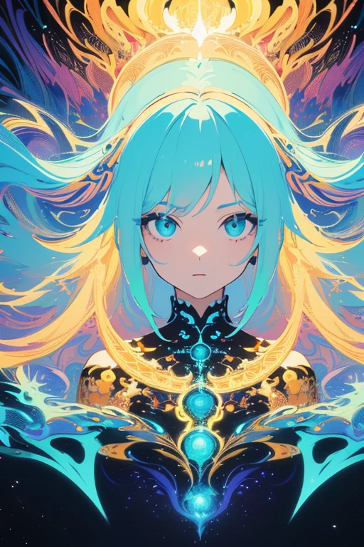 (masterpiece, best quality:1.2),(concept art、fractal art:1.5) ,(flat color:1.2),(2D:1.3),(fluorescence colour:1.5,colorful:1.2),fluorescence multicolored hair、looking at viewer,1Goddess,beautiful face,Gentle face,solo,upper body,floating colorful fluorescent lines,vivid color、fractal art、Symmetrical、
Mysterious atmosphere、spiritual world