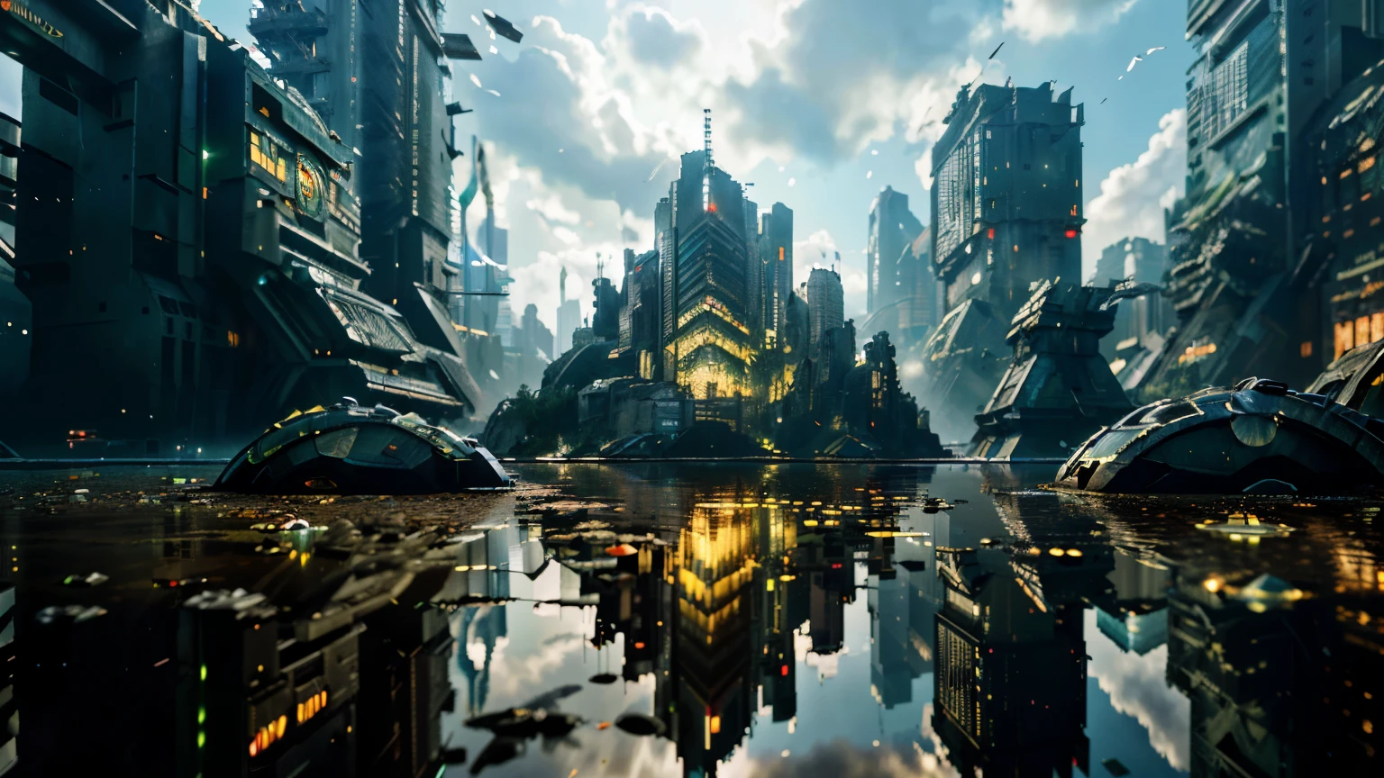 (4k, masterpiece:1.2), (realistic, photo-realistic:1.37), octane render, ultra high res, ultra-detailed, professional lighting, radiosity, physically-based rendering, ((cyberpunk)), ((island sanctuary)), ((ancient fallen metropolis)), ((reflections in water)), ((raytracing)), ((drowned city)), Fujicolor, depth of field, film grain, film grain, Fujicolor, Ashcan School, best quality, 4K