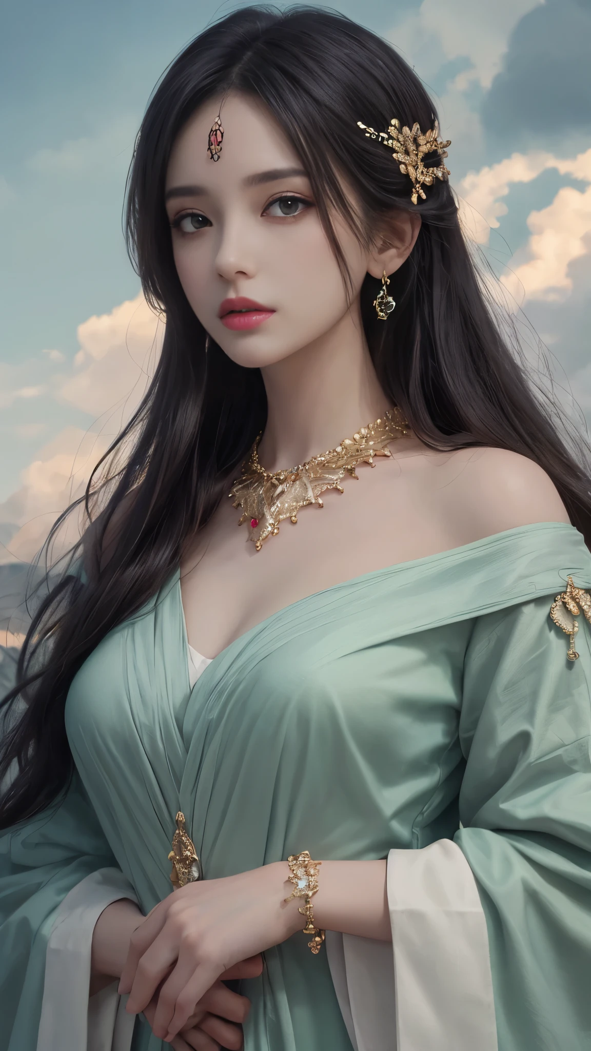 8K, Ultra HD, realistic Color, masterpiece, 1 girl, Luminous Eyes, detailed lips, ultra long hair, (green robe:1), bare waist, (jewellery:1.5), Super artistic cloudy sky background, dark shadow,