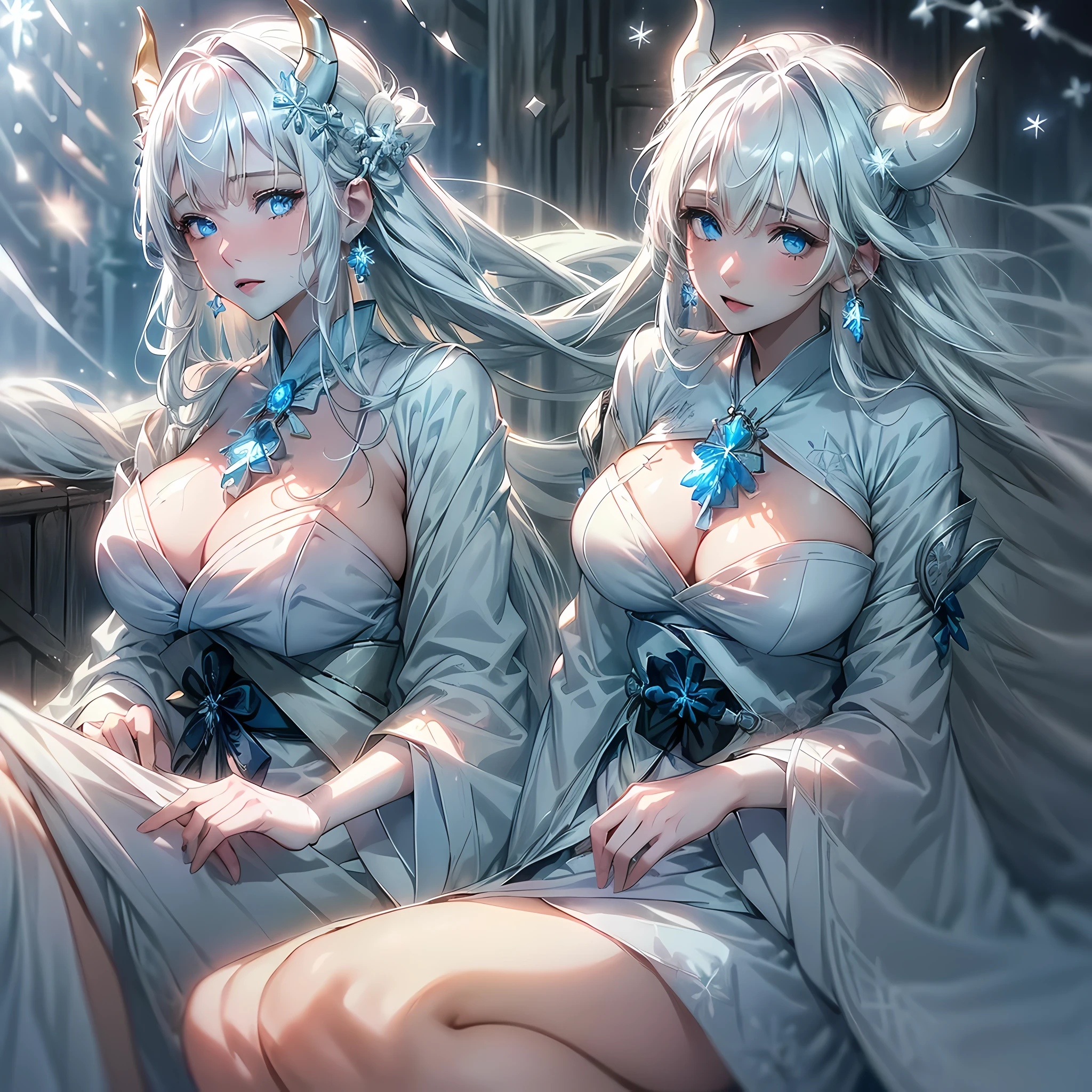 (1 girl:1.5), (dappled sunshine:1.1), (pale skin:1.4), (white hair),  Ji Qie, straight hair, blunt bangs, cascading hair, Draped with hair, flowing hair, (blue eyes), blue choker, (Baijiao:1.2), (white kimono:1.2), split, (huge breasts), half-close eyes, snowflake hair ornament, snowflakes earrings, (snowflake print), snow, (winter:1.2)