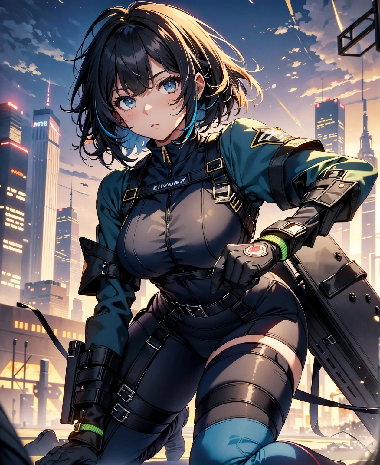 best quality,T Masterpiece,ultimate resolution,fluff,very colorful,colorful,female combatant,(kneeling pose)(pointing at you with his butt)18 year old girl,navy blue super short hair,Tight navy and black combat uniform,cute、tight suit,Steel City Background,night,normal posture,normal posture