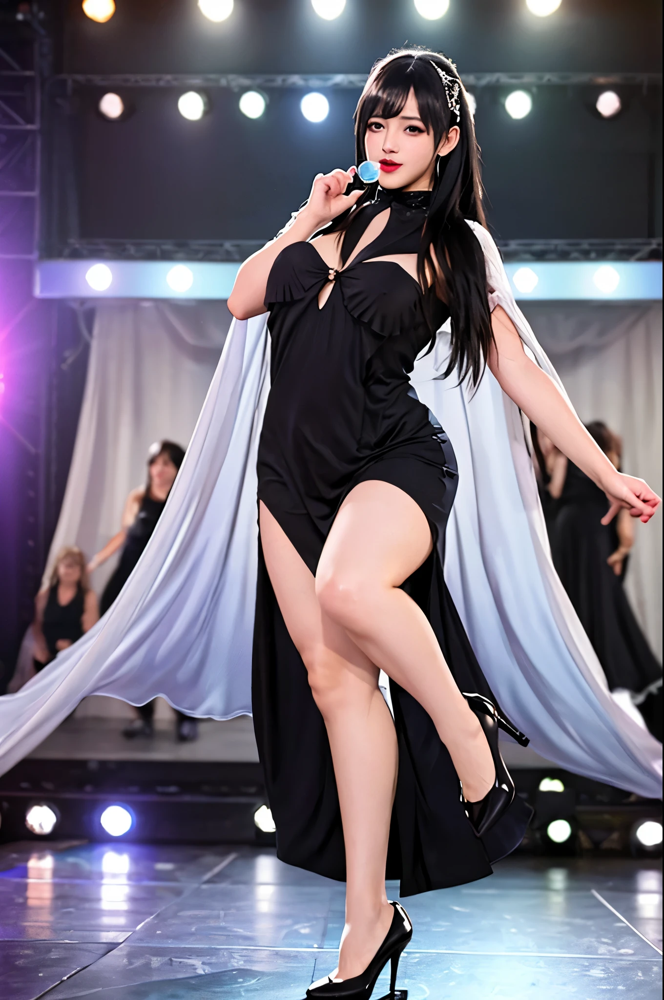 (best quality,masterpiece:1.2),ultra-detailed,realistic,cosplay,Wednesday Adams (movie character),convention,awkward strip tease,big breasts,voluptuous curves,chubby thighs,costume details,dark colors,funny expressions,large stage,dazzling lights,amused crowd,cosplay enthusiasts,fandom excitement,entertaining performance,energetic dance moves,confident demeanor,drawn outlines,sexy black dress,long black hair,playful poses,seductive gaze,high heels,alluring charm,popping bubbles,sparkling sequins,loud music.