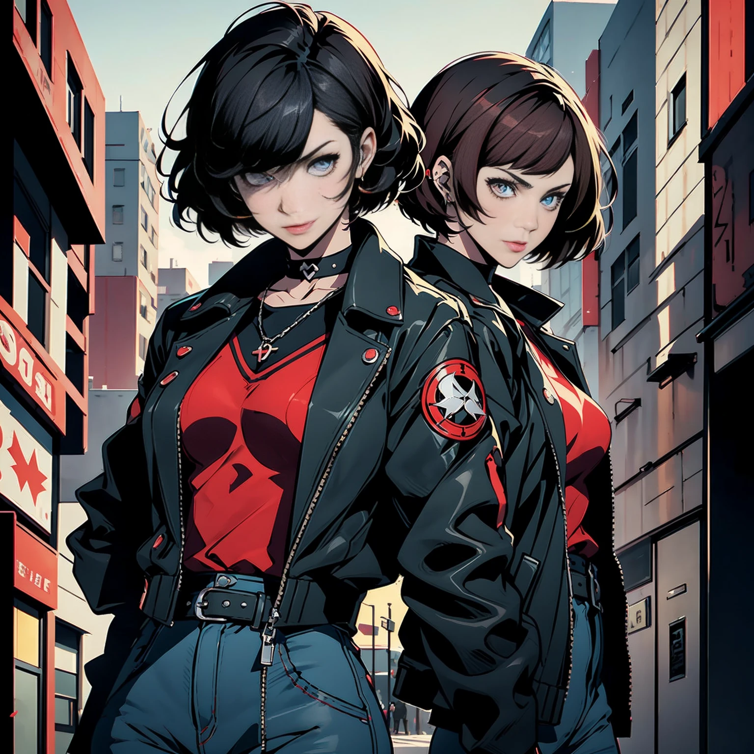 in the art style of persona5 and in the art style of street of rage 4, delinquent, (sukeban), mature_female, blush, mature, older woman, 25 years old, Sukeban teacher outfit, (1girl, solo female, solo, solo focus)++++, choker, sukeban teacher, sukeban fighter, long_sleeves, open jacket, blue jacket,( jean)+++, light skin tone female, (full body)+++++, jacket, biker jacket, tape, arm_support, gloves, red_gloves, bridal gauntlets, nail polish, boots, black_footwear, fighter outfit, (full body)+++++++, hourglass, mature face, cheeky smile, cheeky face, wrinkles, (red hair, short hair, bob cut, earrings, ear piercings), red eyeighting art, Martial arts, standing, fighting_stance, fight, fighting), extra colors, 2D, megapixel, perfectionism, accent lighting, full HD , (Masterpiece:1.2), (full-body-shot:1),(cowboy shot:1.2), (Highly detailed:1.2),(anime Detailed Face:1.2), Colorful, A detailed eye, (Detailed landscape:1.2), (natural lighting:1.2), ((sukeban school teacher)) by Vincent Di Fate: Aidyllery, Anamorphic Shot, rule of thirds, face by Artgerm and WLOP, ((street of rage 4 city backround)), fictive city backround in the style art of street of rage 4,