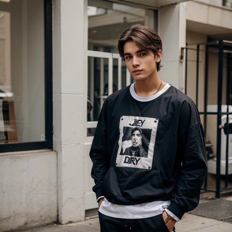 Cabelos escuros, homem, jovem de 18 anos, roupas streetwear