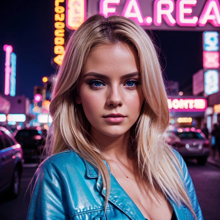 A blonde synthwave girl, shot by canon EOS 5D, synthwave city. 