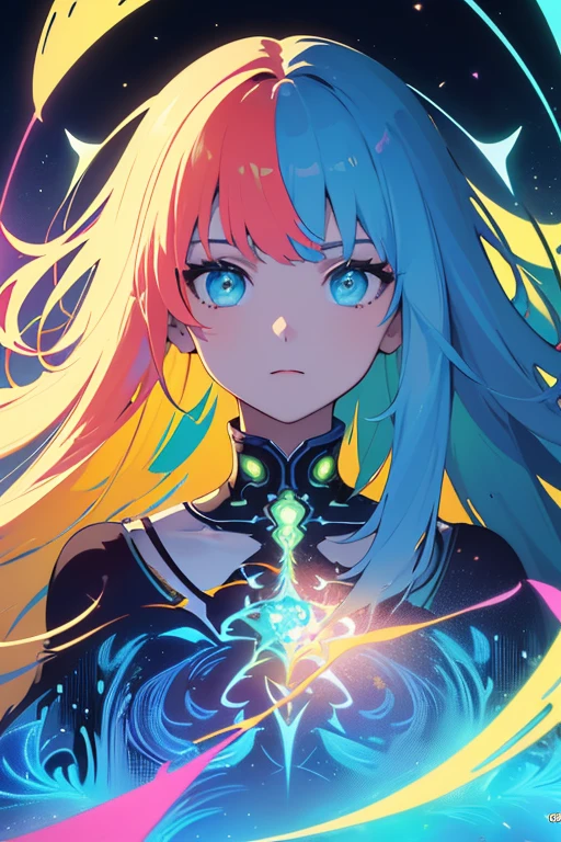 (masterpiece, best quality:1.2),(concept art、fractal art:1.5) ,(flat color:1.2),(2D:1.3),(fluorescence colour:1.5,colorful:1.2),fluorescence multicolored hair、looking at viewer,1Goddess,beautiful face,Gentle face,solo,upper body,floating colorful fluorescent lines,vivid color、fractal art、Symmetrical、
Mysterious atmosphere、spiritual world、deep psychology