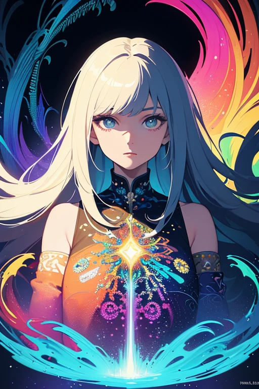 (masterpiece, best quality:1.2),(concept art、fractal art:1.5) ,(flat color:1.2),(2D:1.3),(fluorescence colour:1.5,colorful:1.2),fluorescence multicolored hair、looking at viewer,1Goddess,beautiful face,Gentle face,solo,upper body,floating colorful fluorescent lines,vivid color、fractal art、Symmetrical、
Mysterious atmosphere、spiritual world、deep psychology