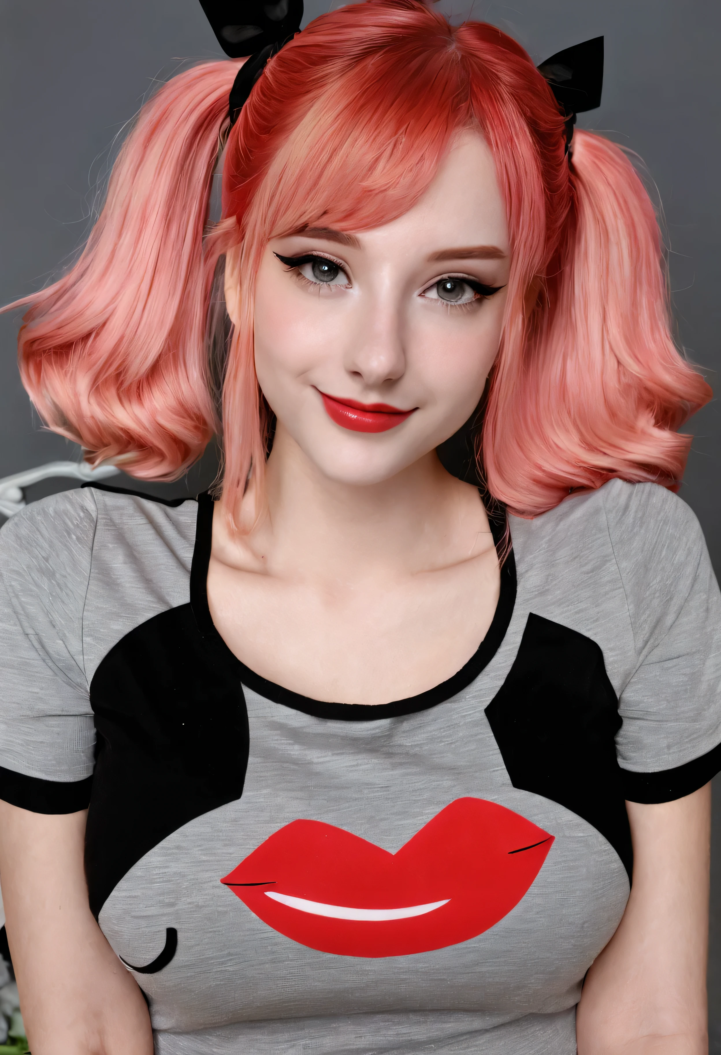  LiluCinnamon, long hair, smile, bangs, blonde hair, simple background, twintails, closed mouth, upper body, pink hair, short sleeves, grey background, black shirt, clothing cutout, makeup, lipstick, red lips