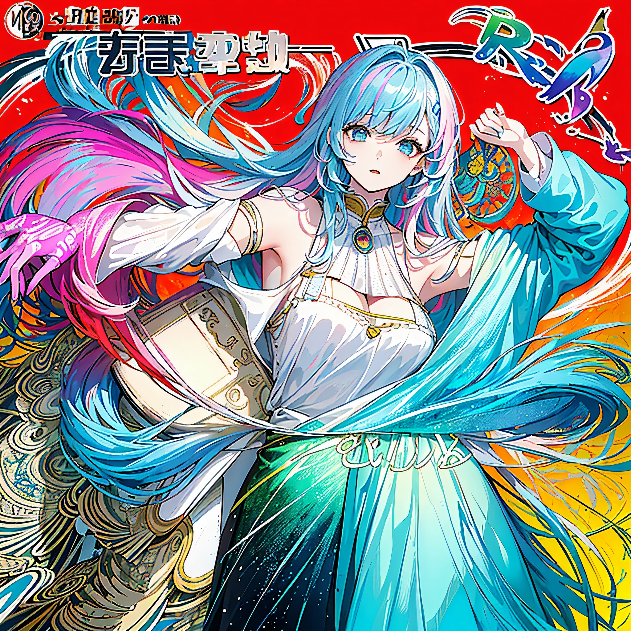 (Masterpiece、top quality、top quality、water彩画(curly)、 (Magazine:1.3), (cover type:1.3), ((((dramatic)))、(((Gritty)))、(((generosity)))、official art、Exquisite and beautiful:1.2)、(1 girl in:1.3)、(fractal art:1.3)、upper part of body、from the side、looking at the audience、pattern、(rainbow colored hair、colorful hair、half blue half pink hair:1.2)、water、liquid、cloud、Colorful、starry sky、Star、Smells like a movie poster featuring a young woman。她穿着Fashion前卫的衣服、I had a determined expression on my face。Bright and grainy background、Makes you feel danger and power。Text is bold and eye-catching、有一个catchy的口号,增加了整体的dramatic和兴奋感。The color palette is mainly bright、And splashes of bright colors、It gives the poster a vibrant and visually impactful look。fashionable, with vitality, clothing, posture, ahead, rich and colorful, Dynamic, background with, element, accessories, Grandiose, coiled, Surroundings, touch, on site, text, lid, Very bold, grab attention, title, fashionable的, font, catchy, title, big deal, touching, modern, trend, focus, Fashion,