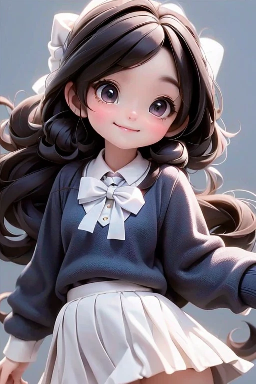 masterpiece, best quality, a cute chibi loli schoolgirl smiling, ((brunette), black hair, blue sweater, white hairbow, school uniform