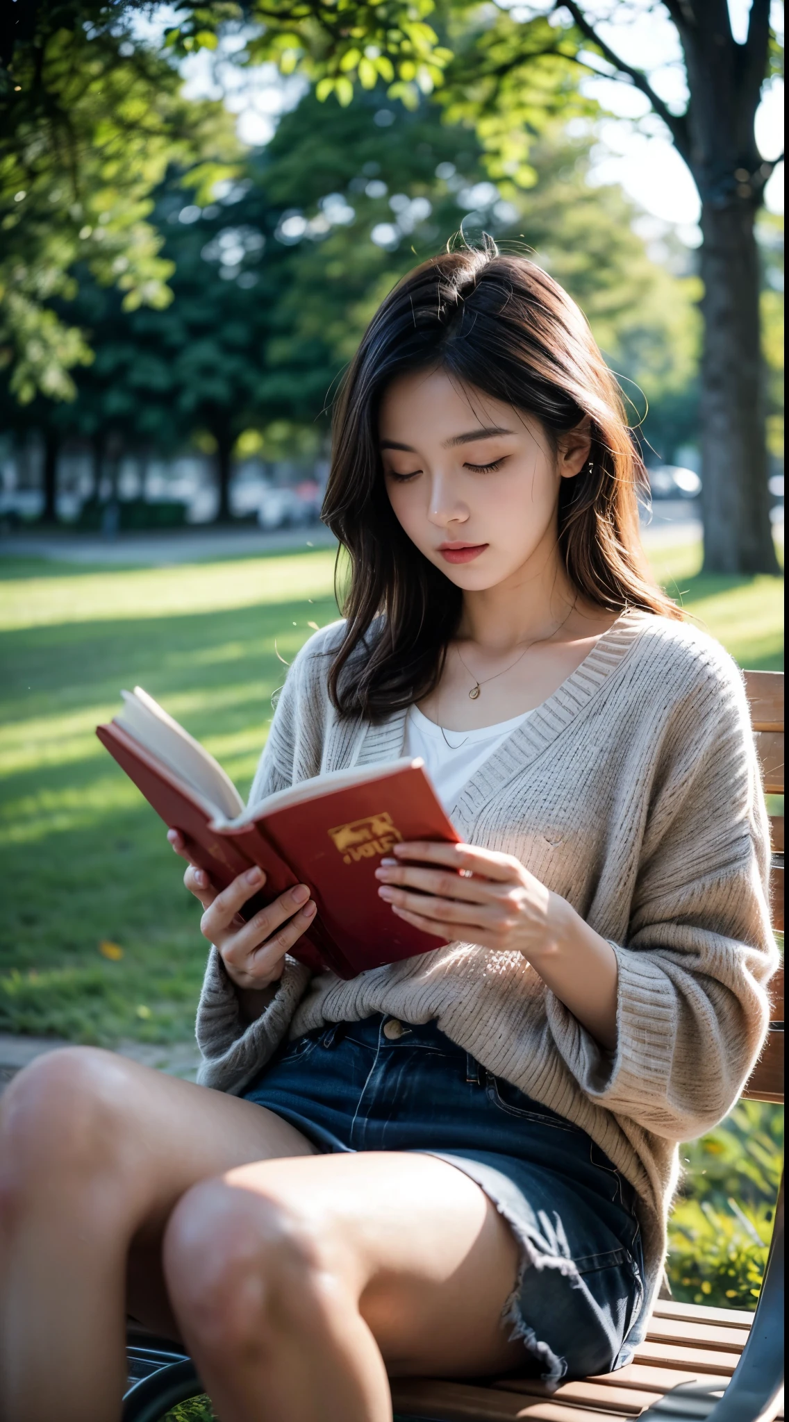 A photo of a woman reading a book in a peaceful park during the golden hour, taken with a vintage film camera and a prime lens, with warm natural lighting, and a classic photography style.