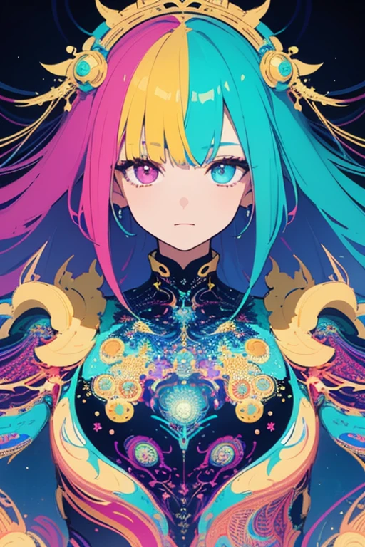 (masterpiece, best quality:1.2),(concept art、fractal art:1.5) ,(flat color:1.2),(2D:1.3),(fluorescence colour:1.5,colorful:1.2),fluorescence multicolored hair、looking at viewer,1Goddess,beautiful face,Gentle face,solo,upper body,floating colorful fluorescent lines,vivid color、fractal art、Symmetrical、
Mysterious atmosphere、Liberation of deep psychology