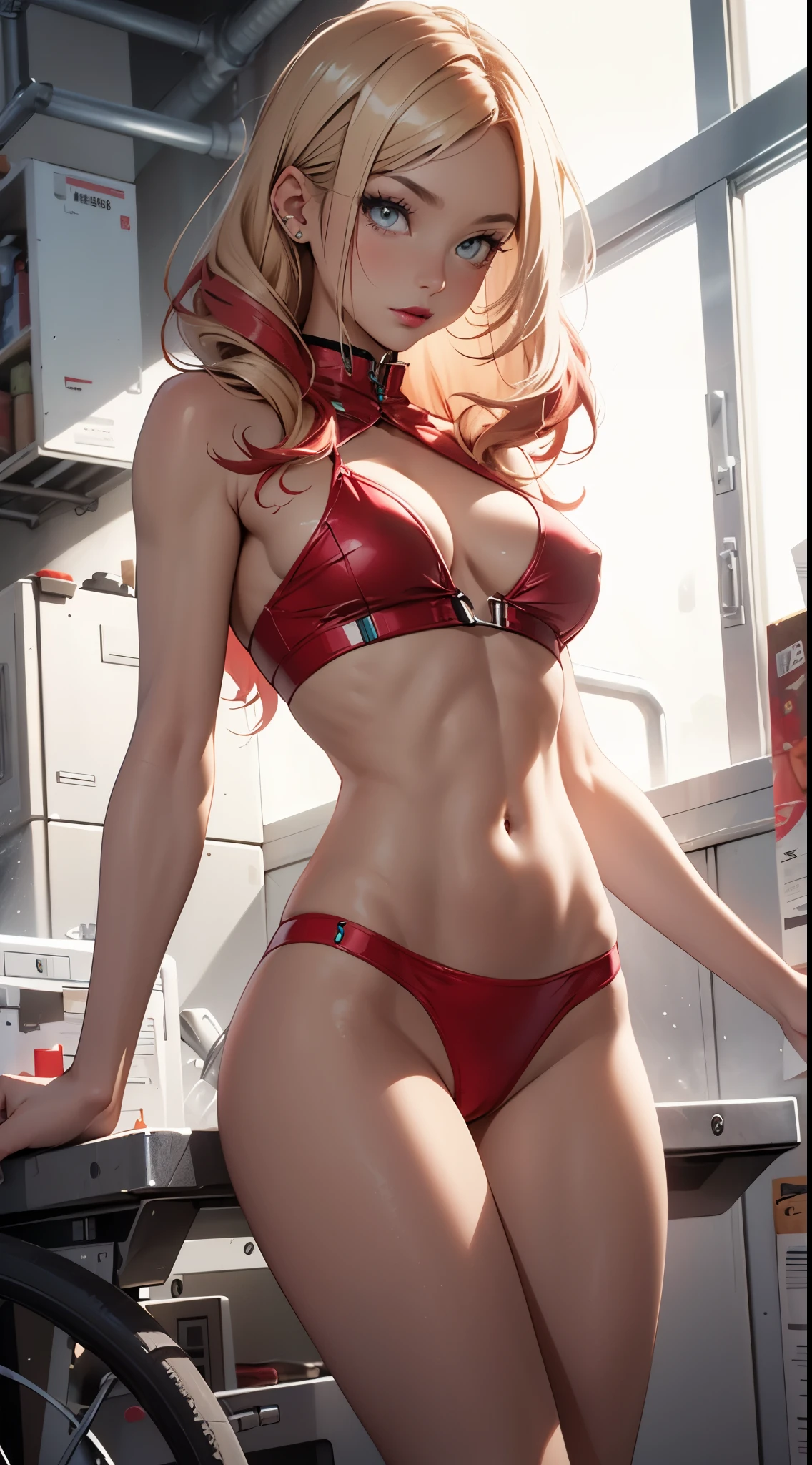 girl, dark blonde hair, blonde and red hair streaks, toned body, glossy lipstick