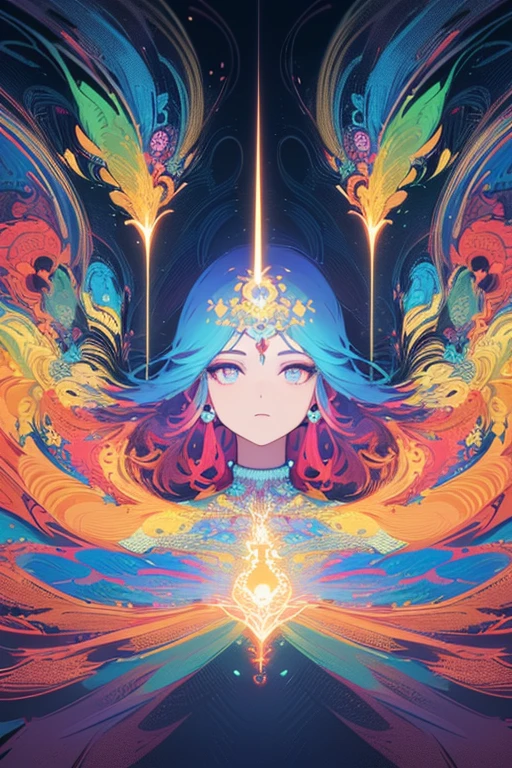 (masterpiece, best quality:1.2),(concept art、fractal art:1.5) ,(flat color:1.2),(2D:1.3),(fluorescence colour:1.5,colorful:1.2),fluorescence multicolored hair、looking at viewer,1Goddess,beautiful face,Gentle face,solo,upper body,floating colorful fluorescent lines,vivid color、fractal art、Symmetrical、
Mysterious atmosphere、Liberation of deep psychology