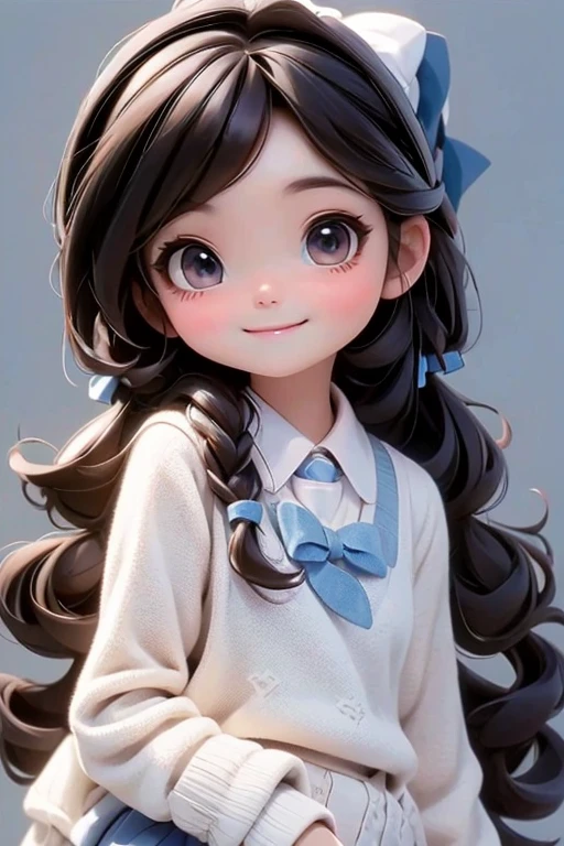 masterpiece, best quality, a cute chibi loli schoolgirl smiling, ((brunette), black hair, blue sweater, white hairbow, school uniform