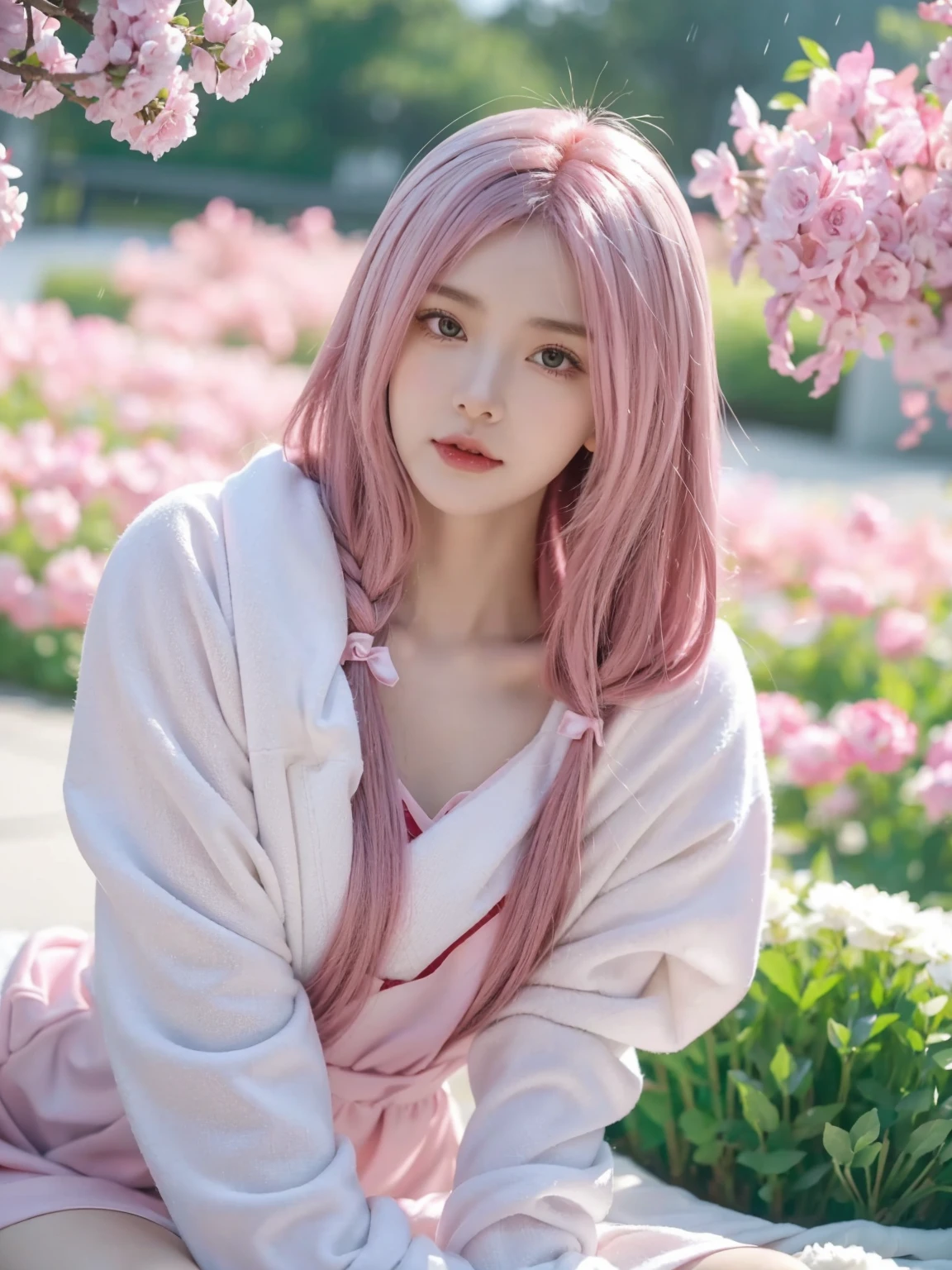 Nine snow-white fox tails (1.0), Milky white fox tail (1.0), Close-up of the nine-tailed fox, Nine tails, Nine tails, animemanga girl，A pink-haired，pinkdress，There are flowers on the hair, very Beautiful anime fox girl, Beautiful anime fox girl, Beautiful fantasy anime, guweiz, 狐狸耳朵的animemanga girl, 美丽的animemanga girl, Very beautiful and cute fox girl, pink flower rain, The background is blurred out, Anime style 4k, Anime fantasy artwork, 4k anime wallpapers, Gouves style artwork