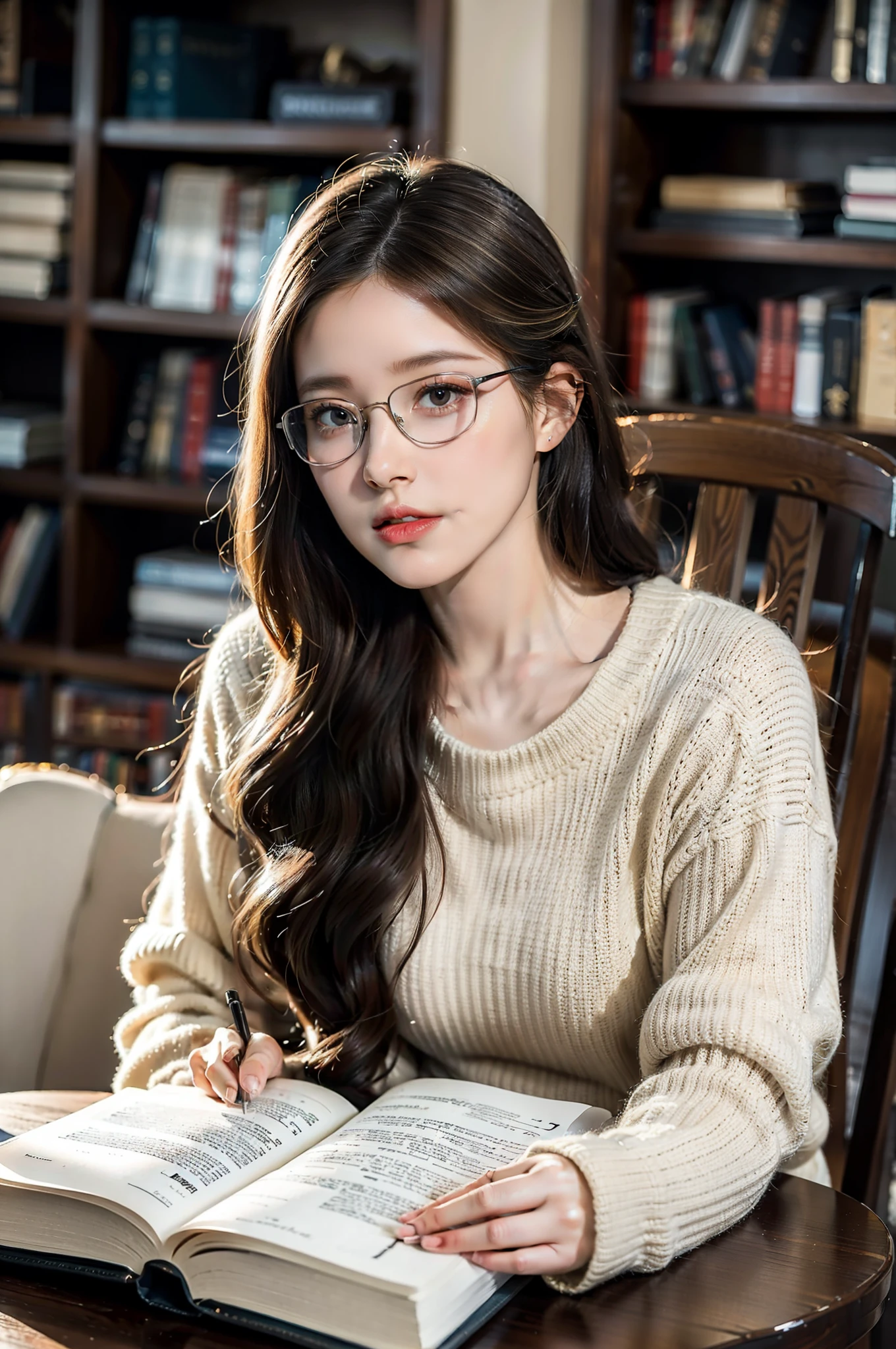 (best quality,ultra-detailed),a girl reading a textbook,beautiful detailed eyes,beautiful detailed lips,longeyelashes,studying,a quiet library,soft natural lighting,bookshelves filled with books,curled up on a cozy armchair,reading glasses,concentrated expression,flowing blonde hair,plaid skirt and sweater,high-res image,vivid colors,ultra-realistic,bokeh.