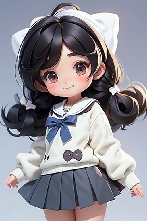 masterpiece, best quality, a cute chibi schoolgirl smiling, ((brunette), black hair, blue sweater, white hairbow, school uniform