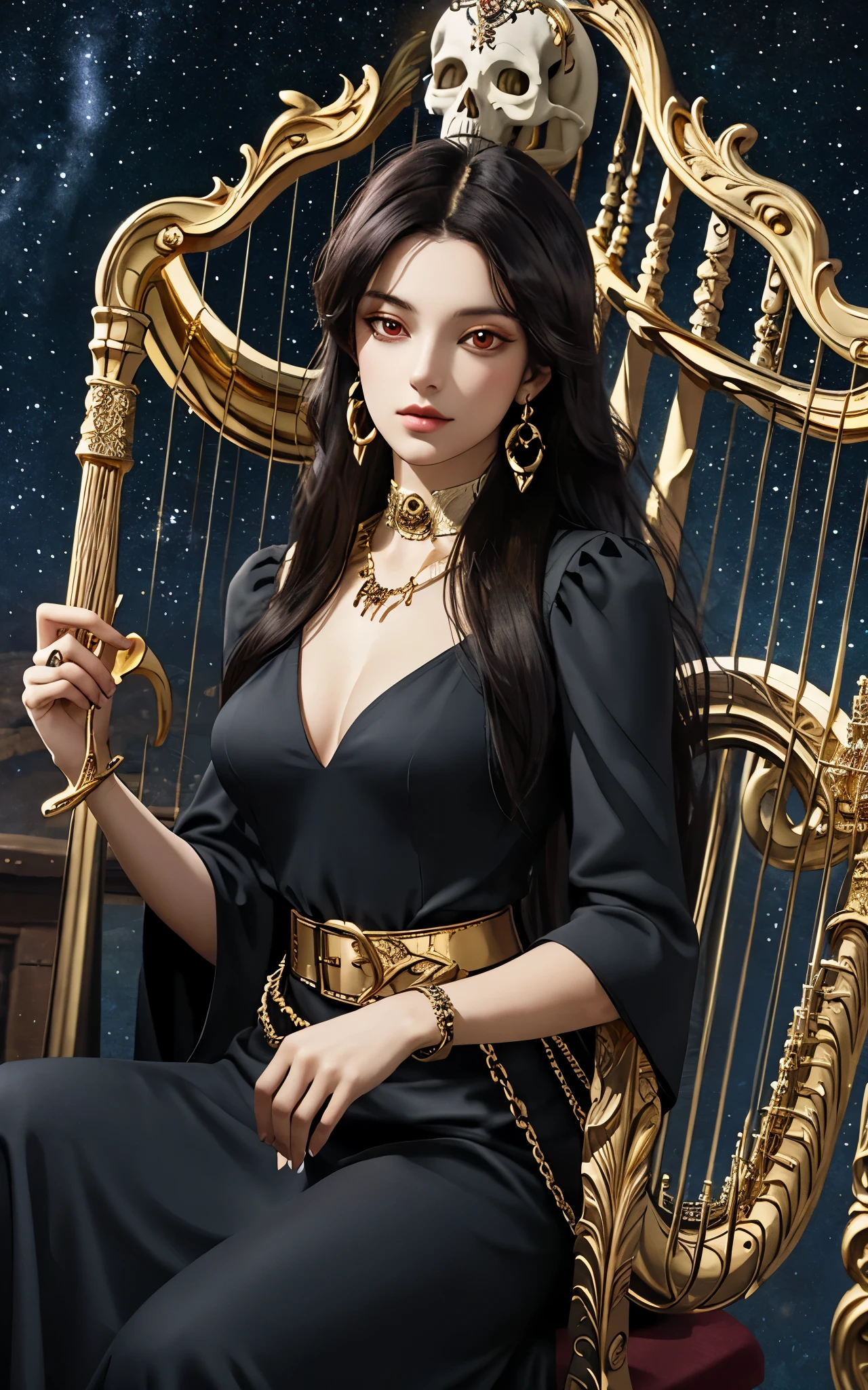 1 girl, solo, details, masterpiece, best quality, photorealistic realism, beautiful girl, long hair, black hair, skull headband,  gold earrings, red eyes, beautiful face, skull necklace, perfect body, large breast, open chest, black long dress, skull bracelet, gold earrings, gold belt, musical instrument, harp, sit on ancient chair, dark sky, dark temple, 