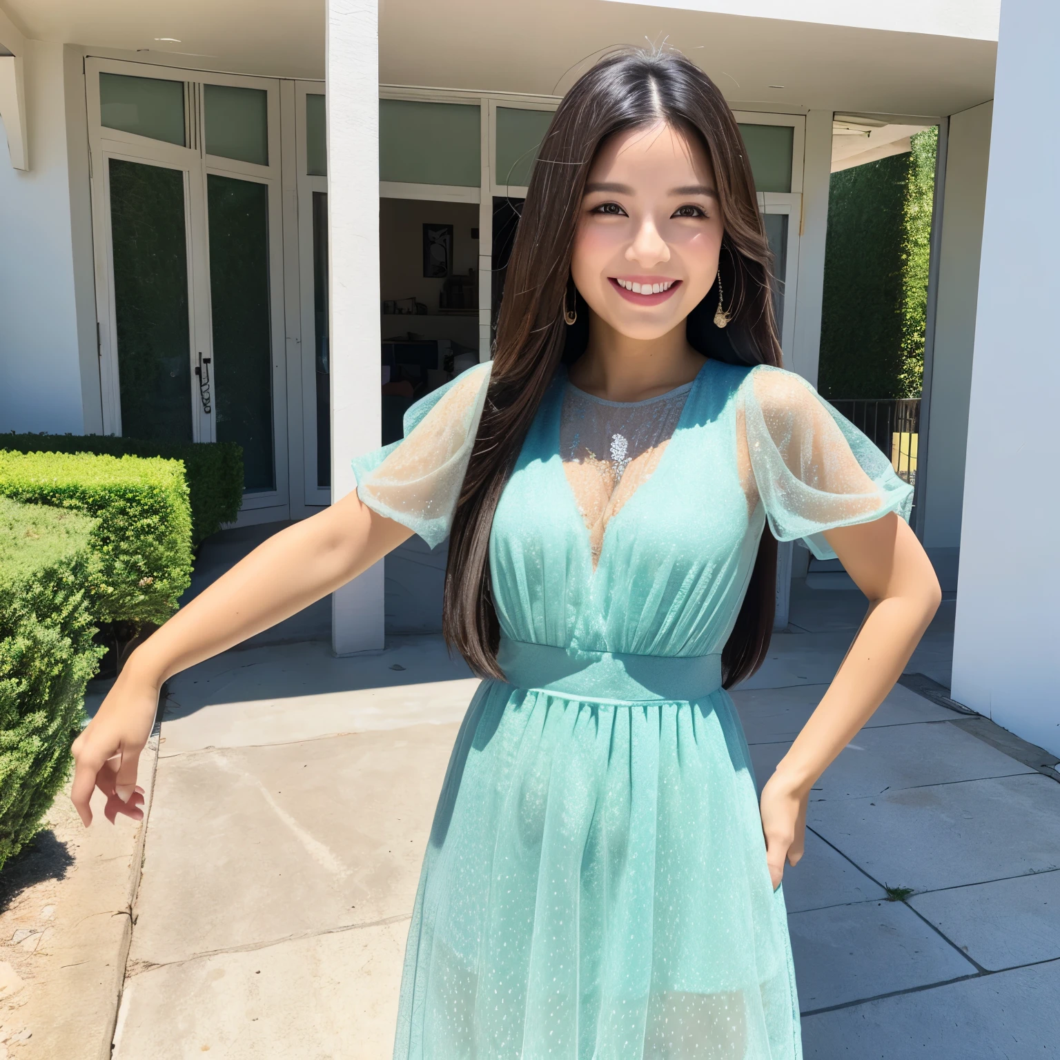 Mujer bonita sonriendo con un vestido corto y semi transparente que se vea la ropa interior